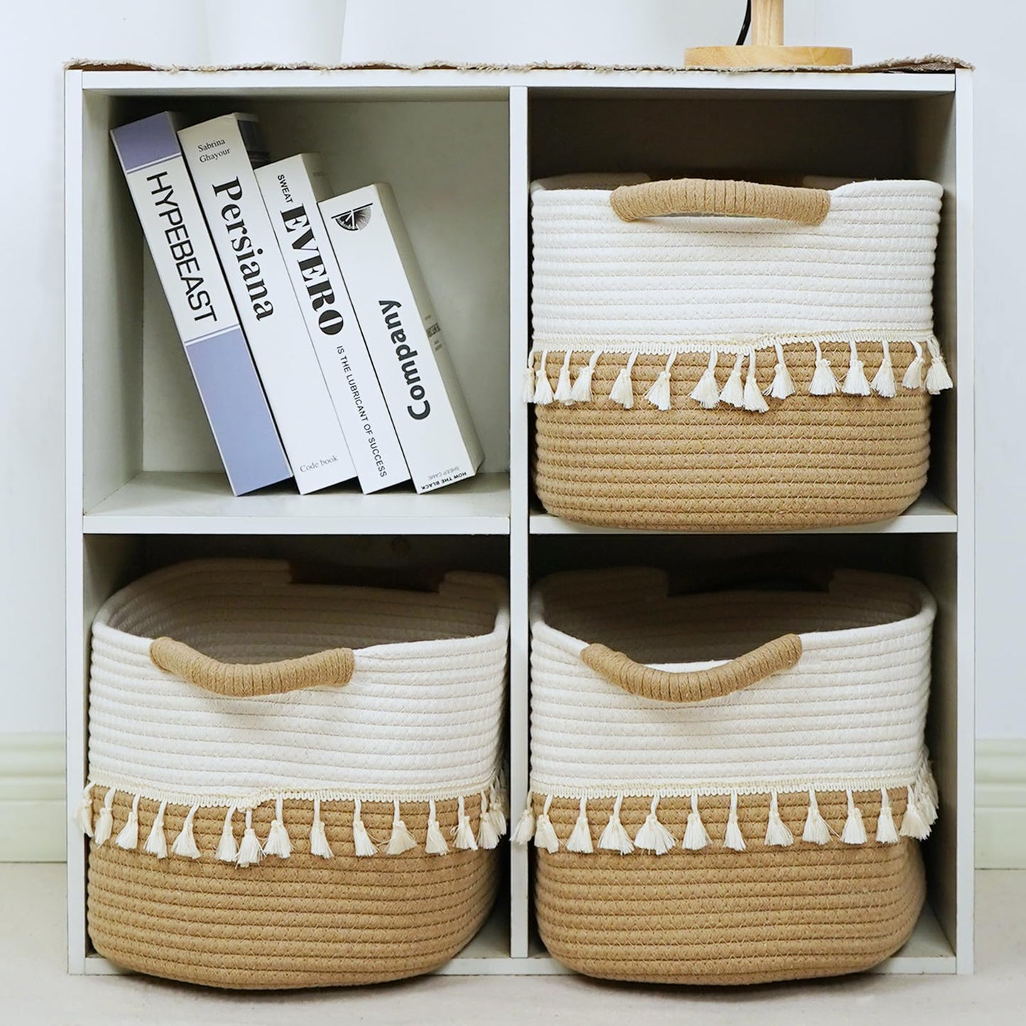 TeoKJ Storage Baskets 38x25x22cm – Woven Storage Basket with Tassels, Toy Basket with Handle, Rope Organizer for Living Room, Bathroom Baskets