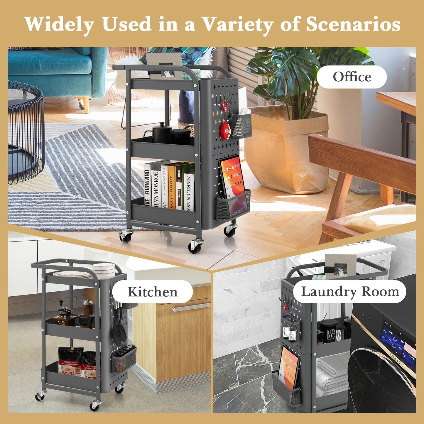 GiantexUK 3-Tier Storage Cart on Wheels, Metal Serving Trolley (Grey)
