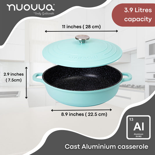 Casserole Dishes with Lid Oven Proof Non Stick Shallow Dutch Oven Induction Cooking Pot Oven Safe Aluminium Stockpot 3.9L, 28cm, Teal by