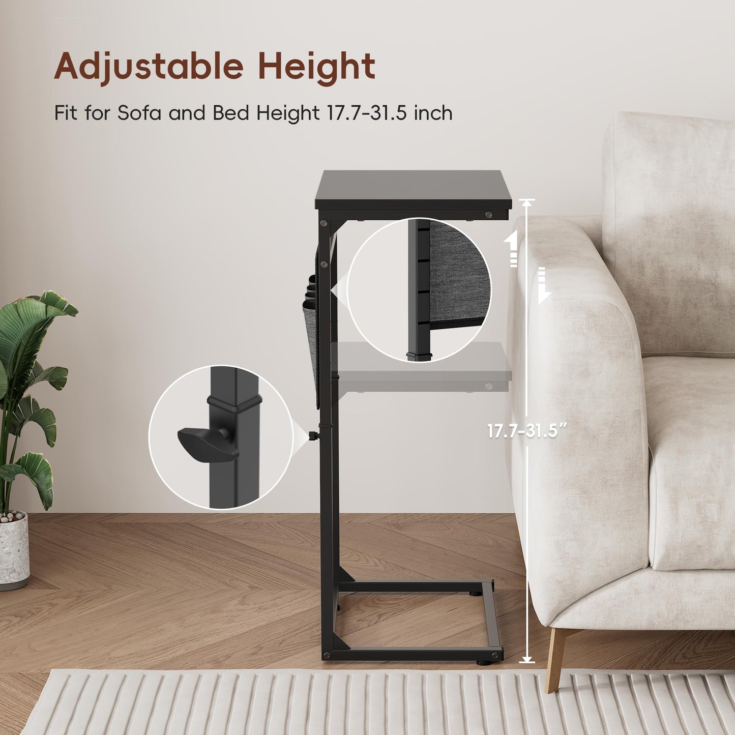 Vagusicc C-Shaped Side Table, Height Adjustable Sofa Side Table, Bedside Table with Cloth Storage Bag, C Table, End Table for Small Spaces
