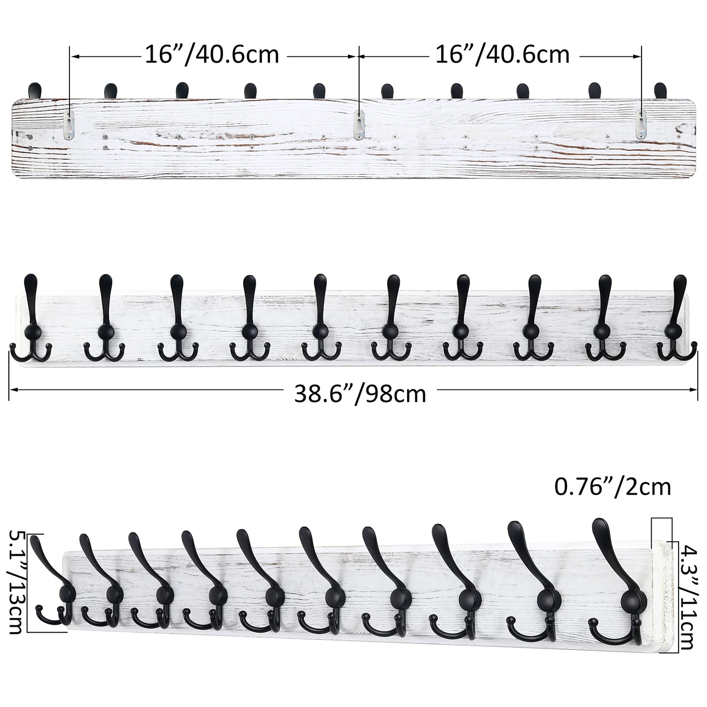 SKOLOO Coat Rack Wall Mounted - 38.3'' Long, Pack of 2, Wooden, Heavy Duty, Rustic Coat Hooks for Wall