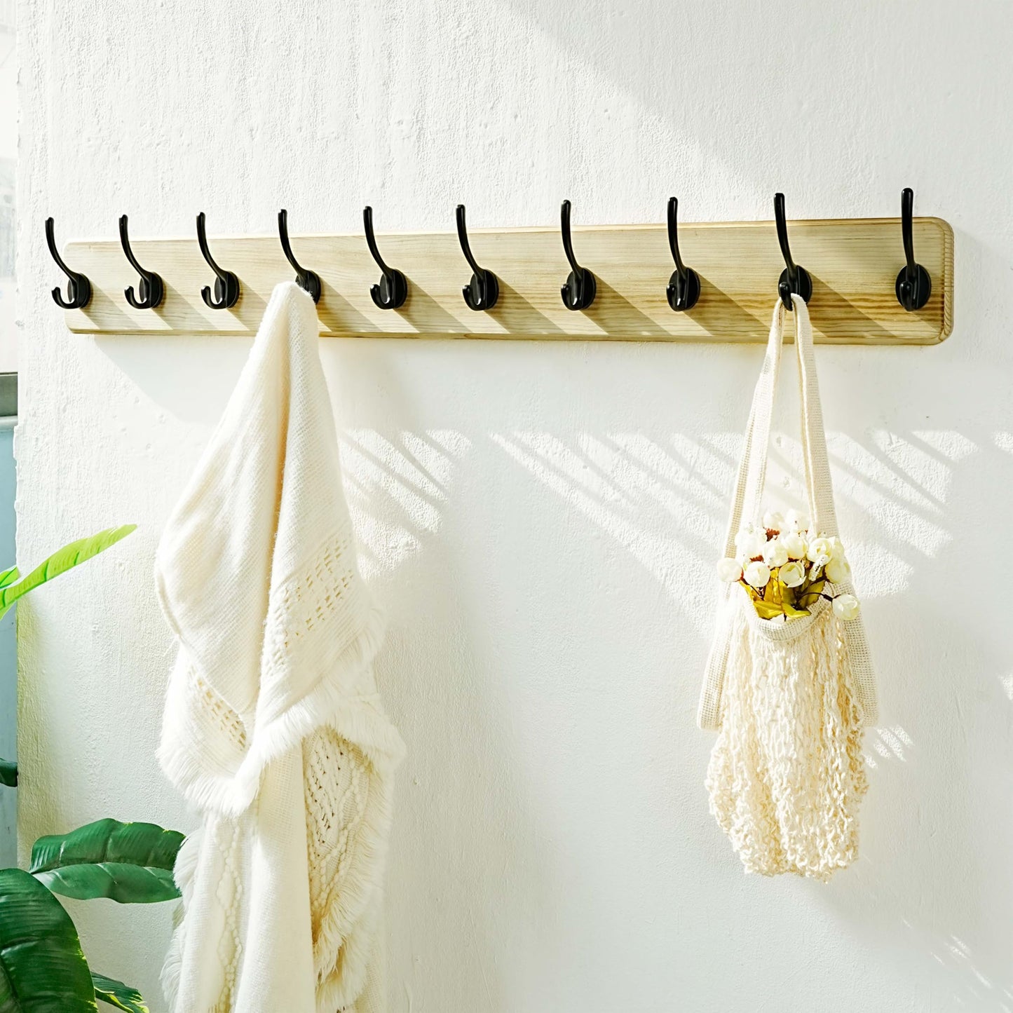 Dseap Coat Rack Wall: 97cm Long, Patented, Heavy-Duty, 10-Double-Hooks Wooden Wall Mounted Coat Rack Coat Hanger Hook Rail for Winter Coats Hat