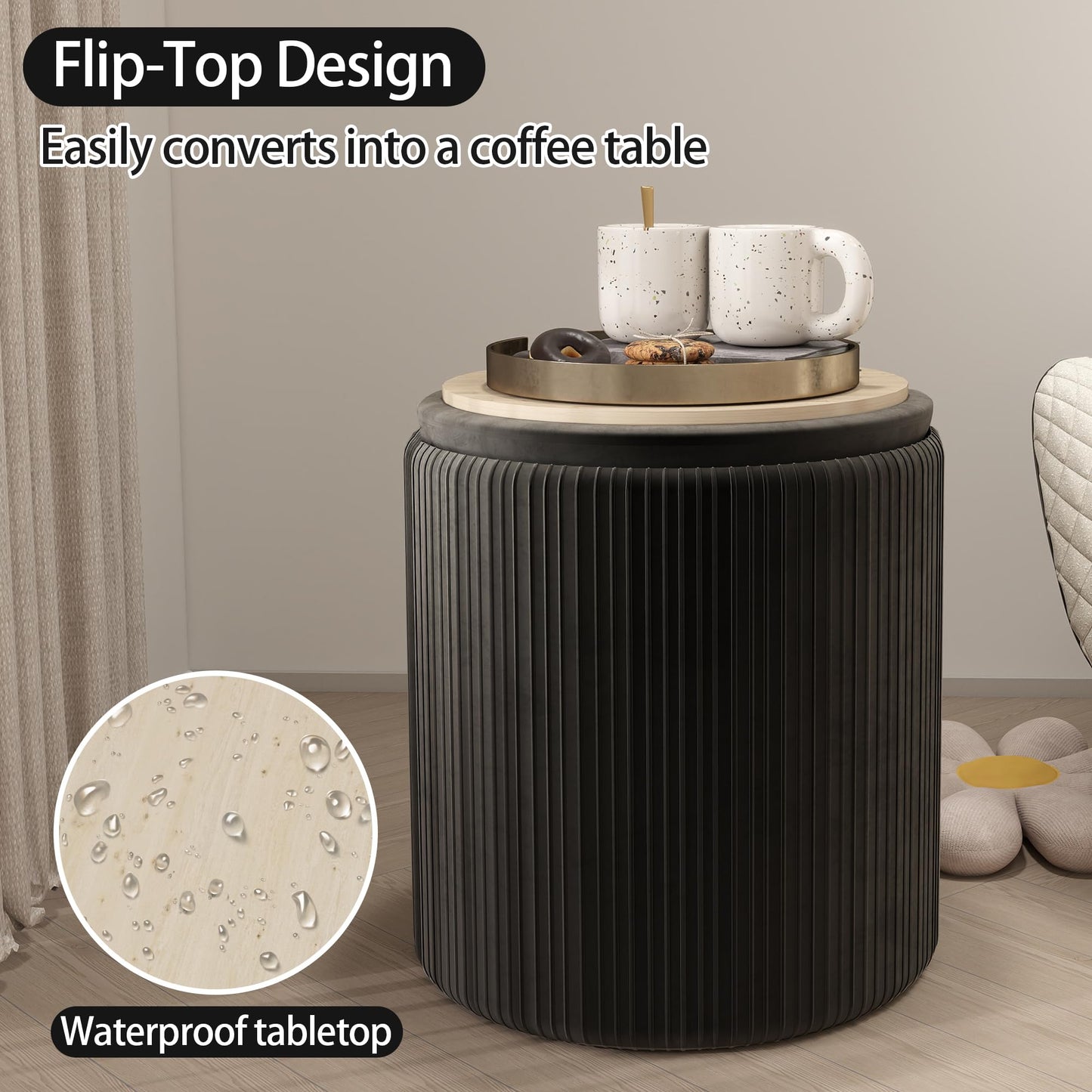 Caroeas Round Storage Ottoman Stools, Velvet Vanity Foot Stools with 300lbs