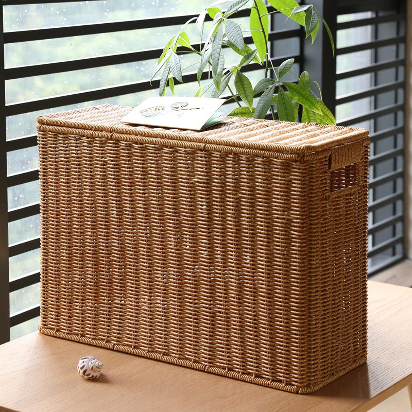 HGZLQKD Narrow and Tall Storage Box, Woven Magazine Holder with Lid Portable Narrow Basket Bin, Narrow File Holder for Bathroom, L
