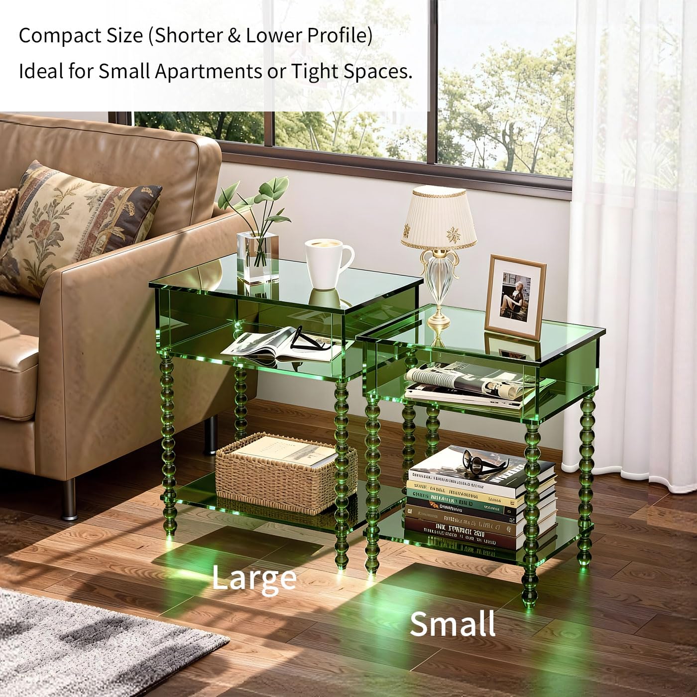 Dewrhiixe Acrylic Side Table, Clear 3-Tier End Table with Storage, Nightstand for Living Room, Bedroom, Office (Green, 40x30x50 cm)