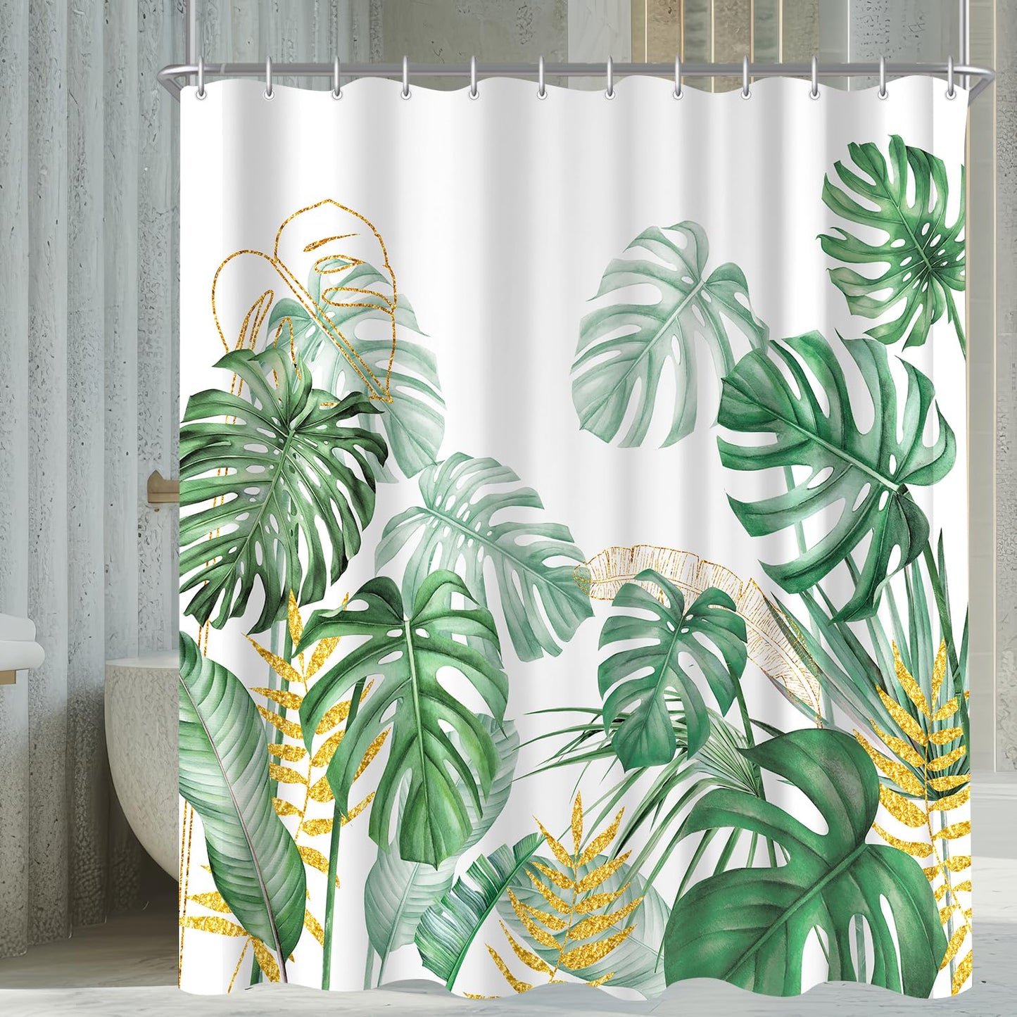 Shower Curtain 180 x 200 cm Golden Edged Bamboo Leaves Motif, Weighted Hem, Anti-Mould, Water-Repellent, Washable Polyester Bath Curtains with 12
