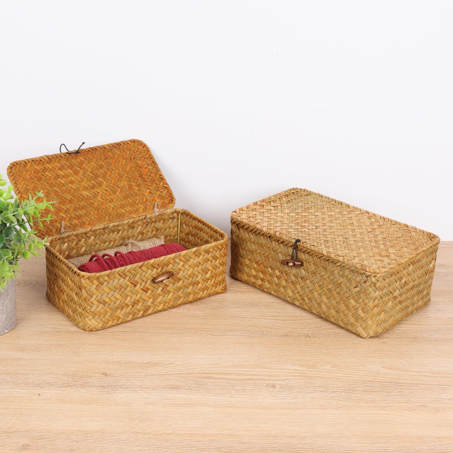 FEIALNDUO Wicker Shelf Baskets with Lid,Seagrass Storage Basket Bins Rectangular Handwoven Basket Boxes for Shelves Desktop Home Organizer
