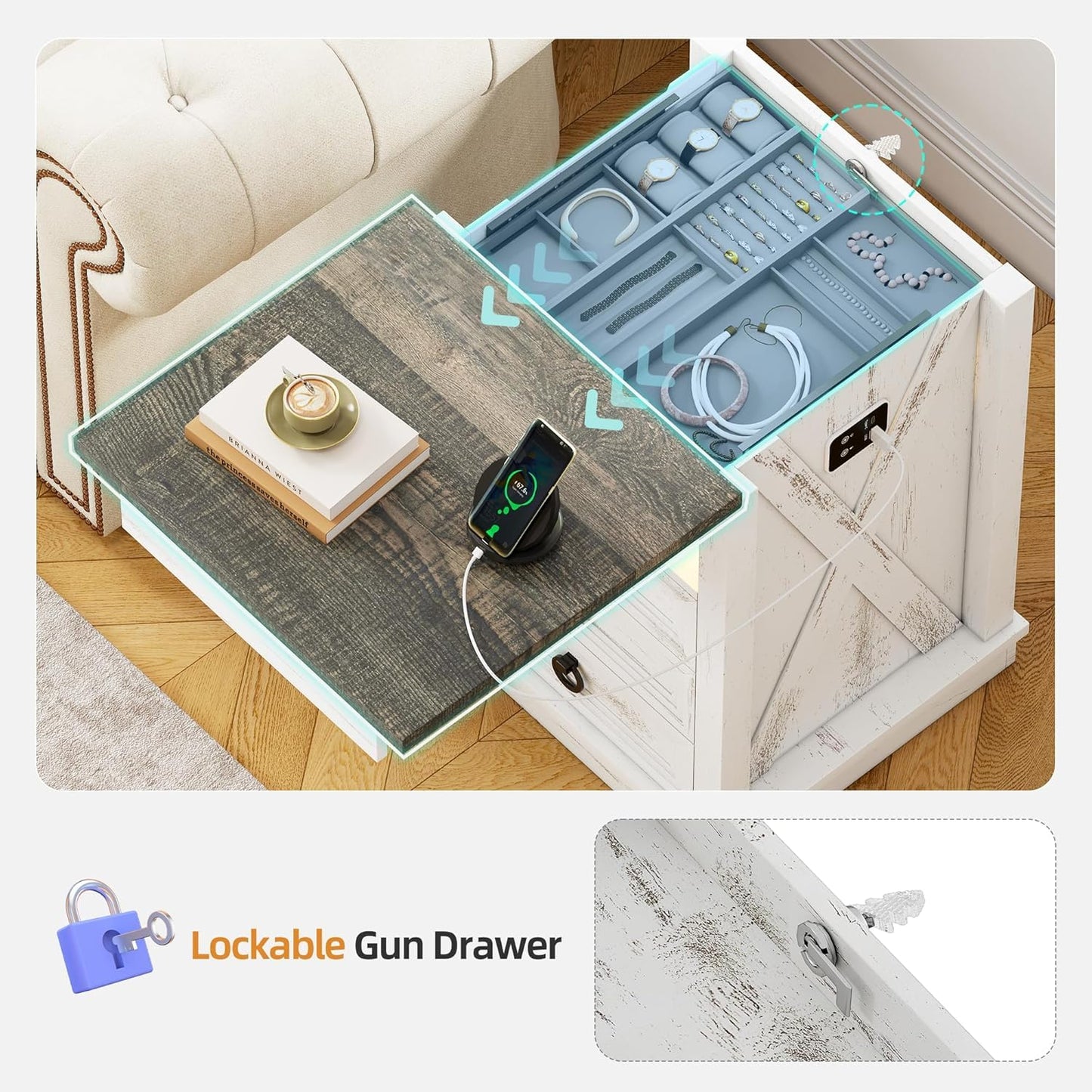 Lvifur Bedside Table - with Hidden Drawer,LED Nightstand with Charging Sation,Smart Night Stand with 3 Color Lights,End Table with Glass Desktop,3