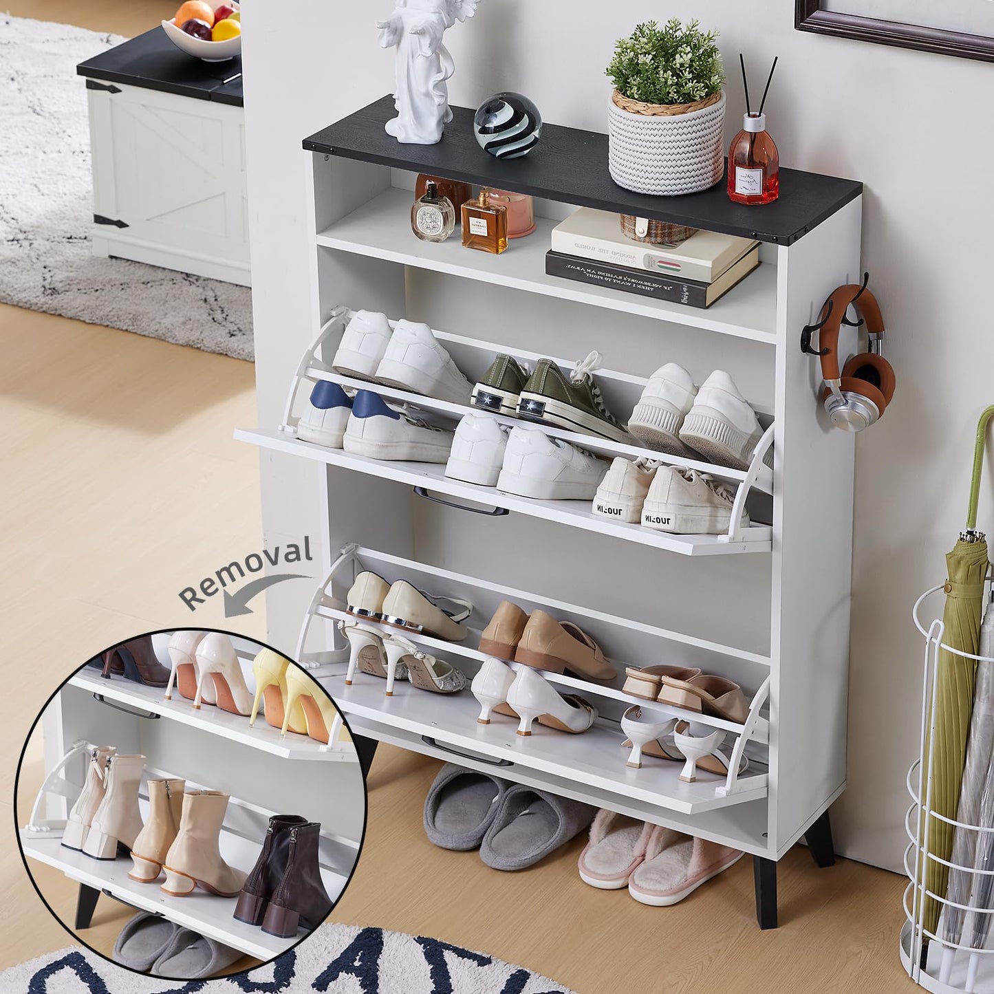 LELELINKY Hidden Slim Narrow Shoe Storage with 2 Flip Drawers, White