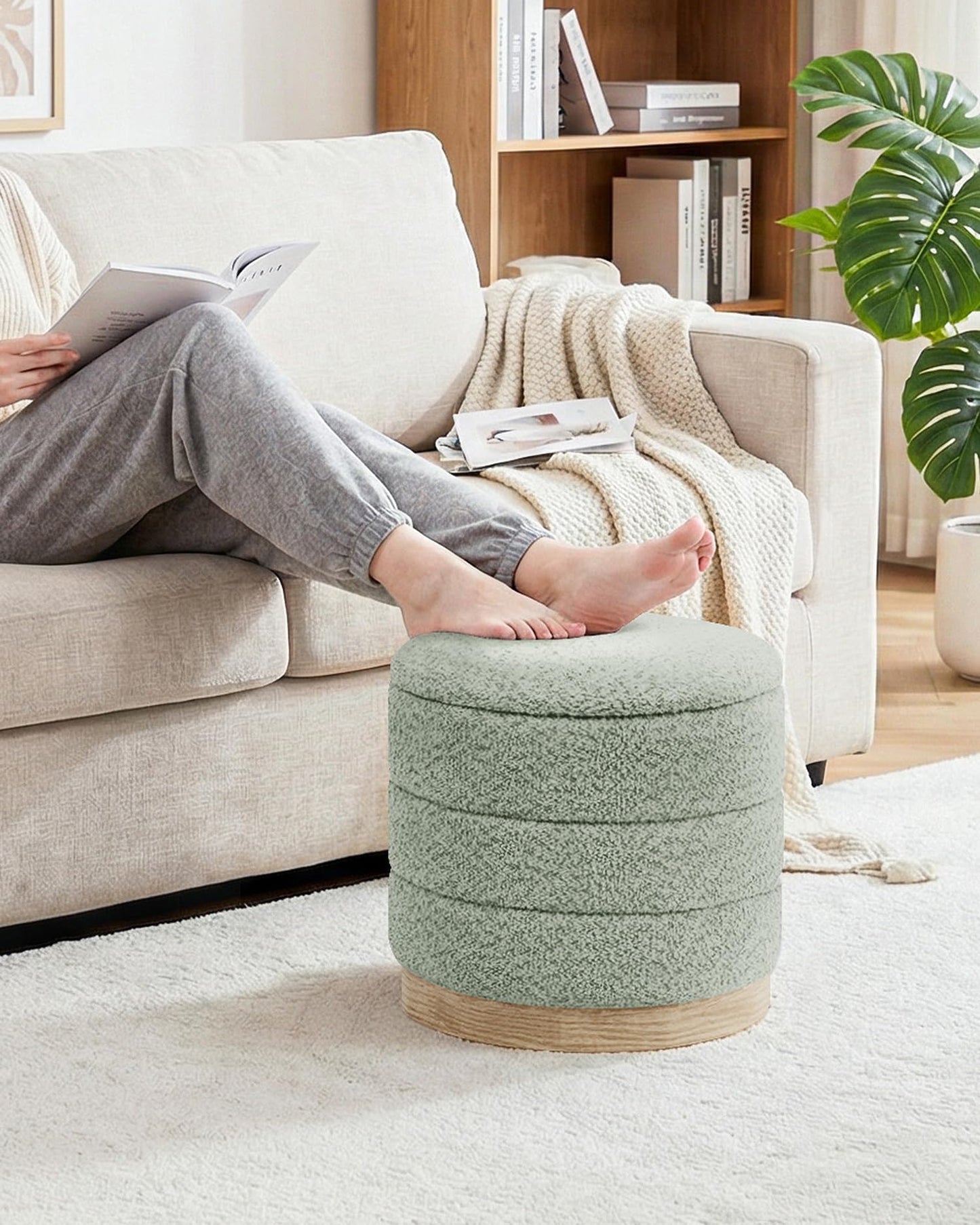 Bonlife Round Chenille Storage Ottoman, Folding Footstool with Table Top, 39X39X37cm, Load Capacity 120kg