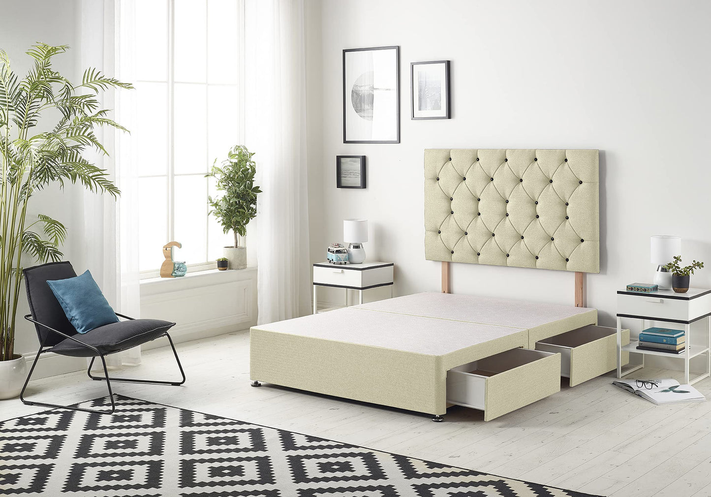 Bed Centre Premier Divan Base with 2 Drawers and Matching Headboard - Available in Multiple Fabrics and Colours (3FT Single, Linen Beige)