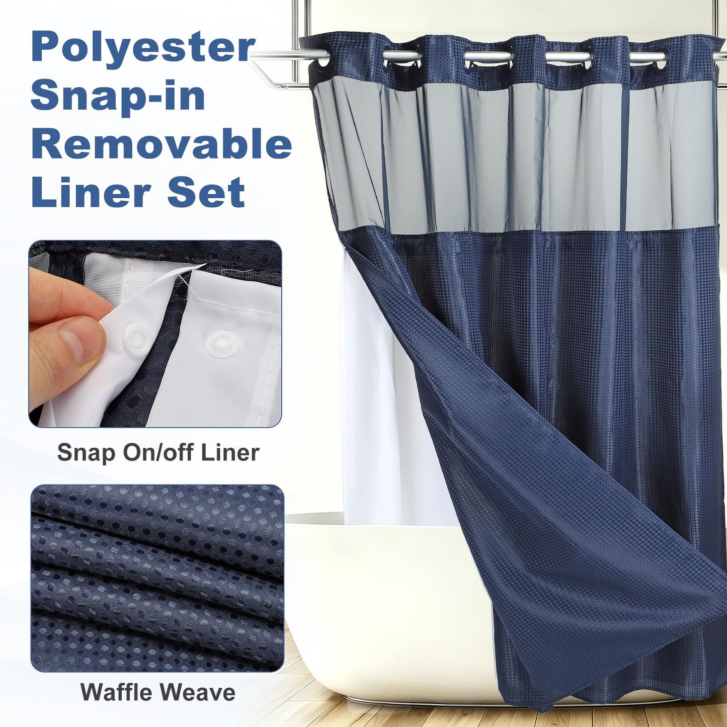 DTGN No Hook Shower Curtain, 180Wx198L cm Polyester Snap-in Removable Liner Set, Waterproof Washable Waffle Weave Textured Shower Curtains for Home
