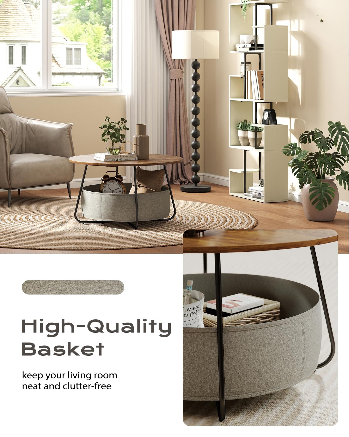 Manora Rustic Brown Round Coffee Table with Storage 31" Fabric Basket