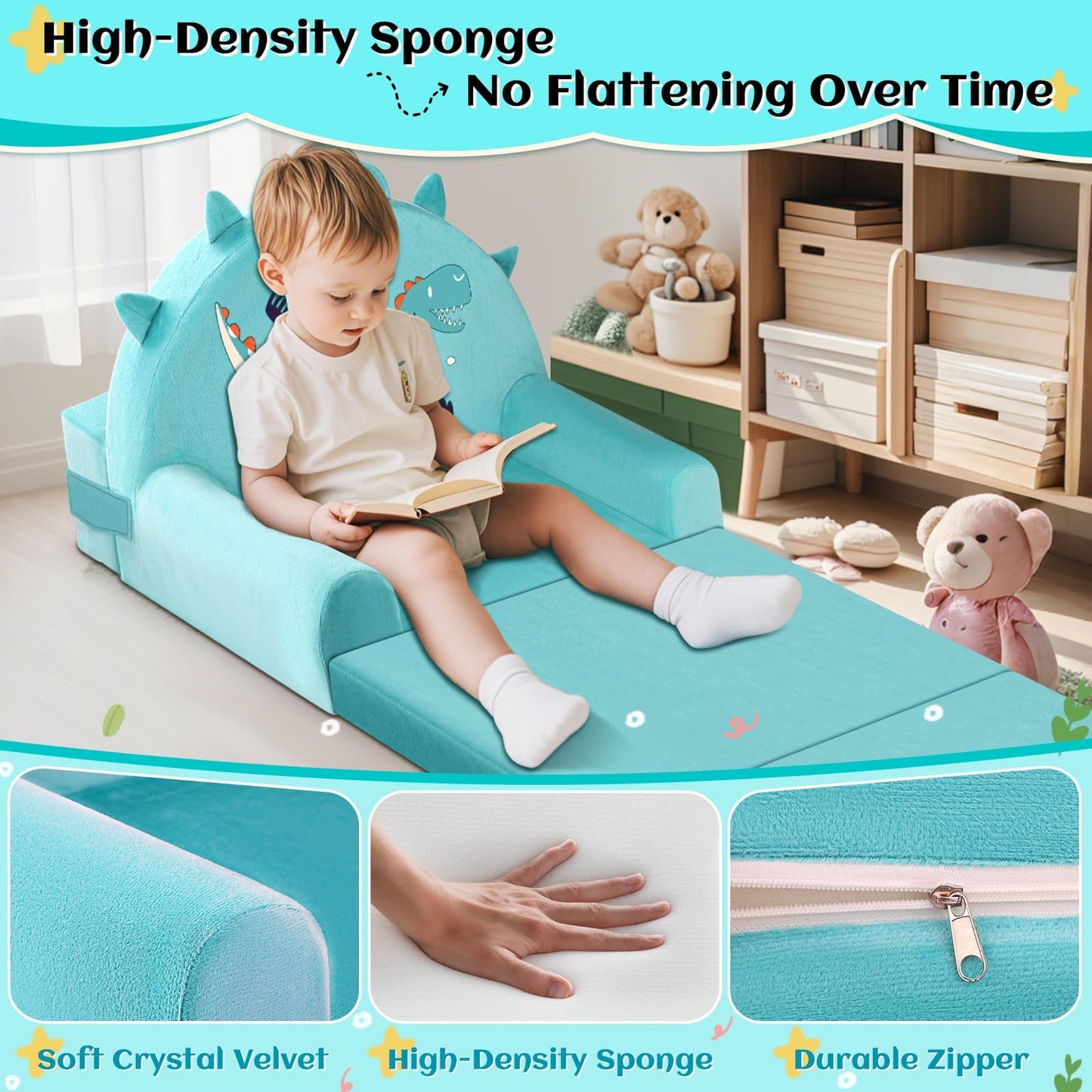 JUOIFIP Dinosaur Kids Sofa Bed, 2-in-1 Kids Folding Chair, 150cm Soft Crystal Velvet Toddlers Sofa Bed for Bedroom Livingroom, Playroom