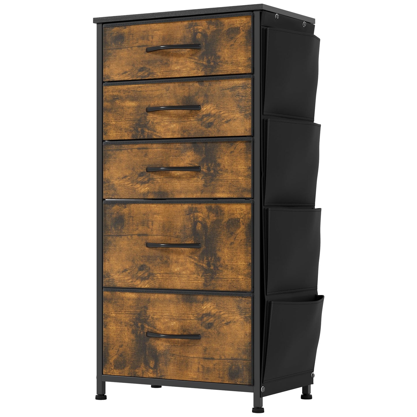 YITAHOME Narrow Chest of Drawers with 5 Drawers, Fabric Drawers with Side Pocket&Hooks,Easy Pull Handle,Sturdy Steel Frame,Storage Drawers for