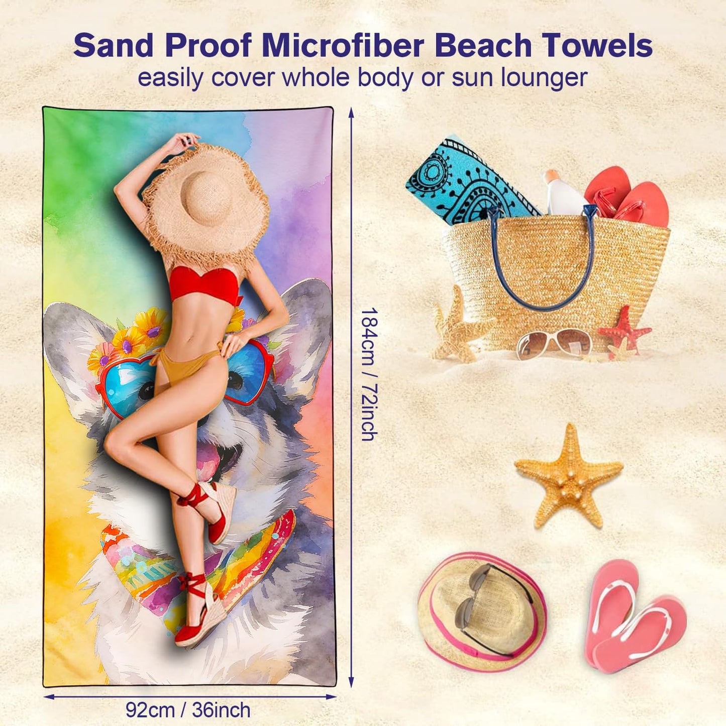 Violetpos Heart Sunglasses Corgi Beach Towel for Dog Lovers, Extra Large 180x90 cm 250GSM Microfibre, Sand Free Quick Dry