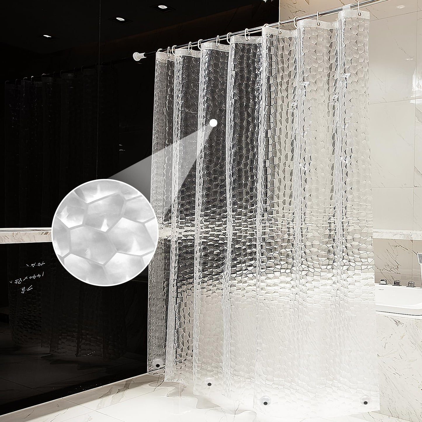 OTraki Shower Curtain Semi Transparent 180 x 200 cm Anti-Mould Washable EVA Bath Curtain Waterproof 3D Bathroom Curtain with 12 Rings No PVC