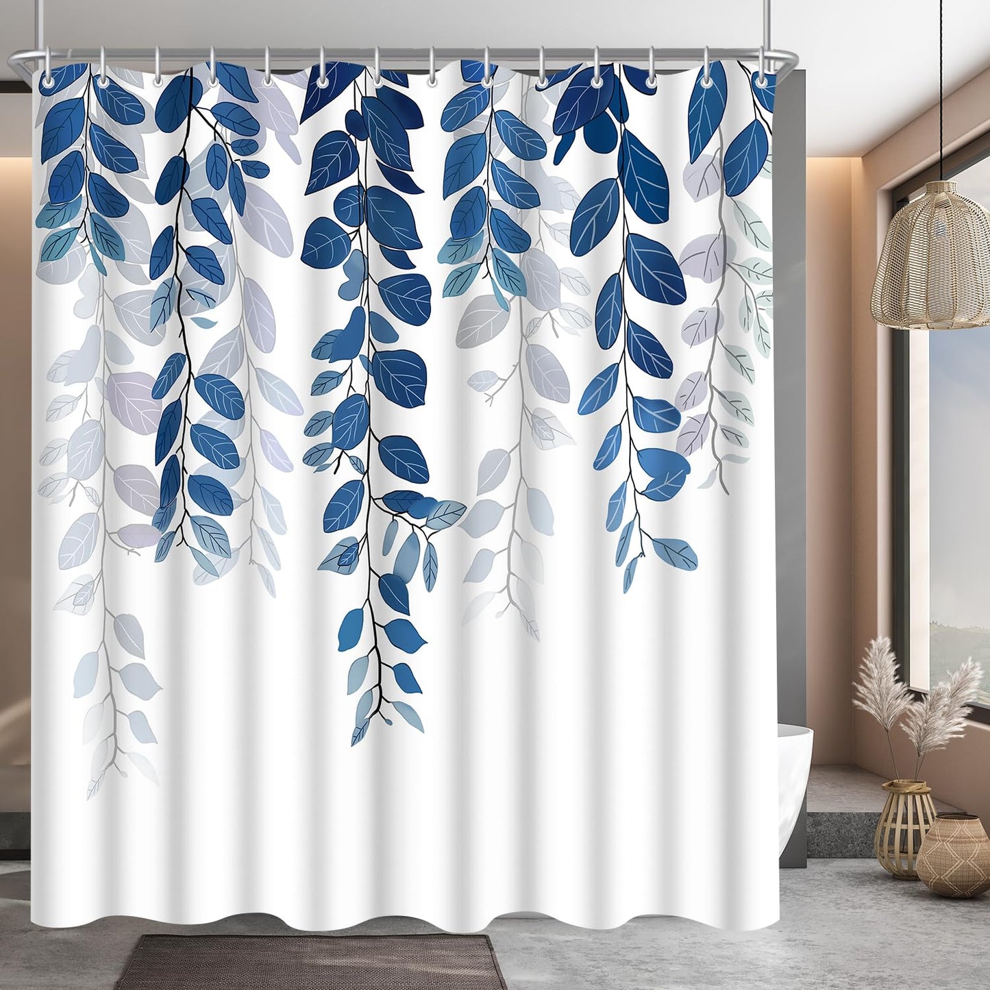 Lerores Shower Curtain, 120 x 200 cm, Blue Leaf, Weighted Hem, Anti-Mould Textile, Water-Repellent, Washable Polyester Fabric Bath Curtains with 8