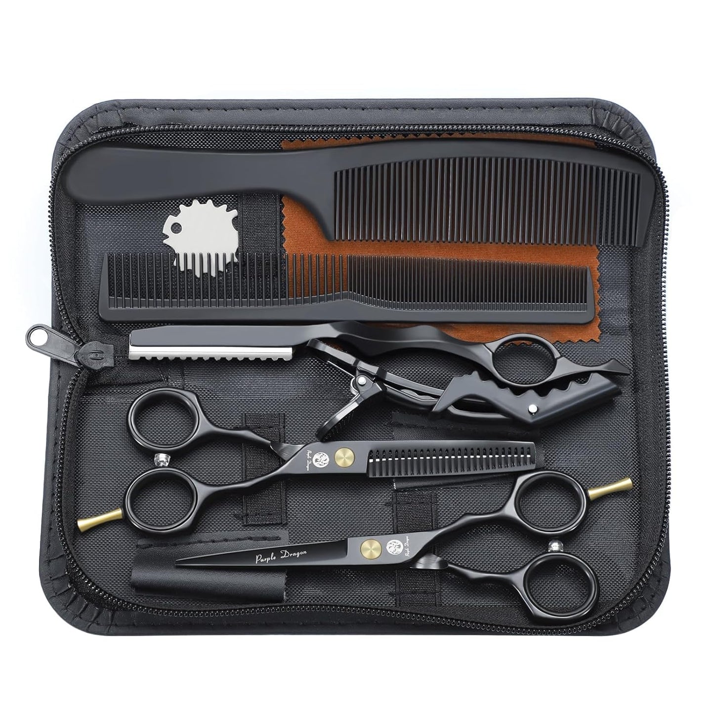 Purple Dragon Black Hairdressing Scissors Set 5.5 Inch Hair Cutting & Thinning Scissors Kit for Men Women Kids Home Salon Barber