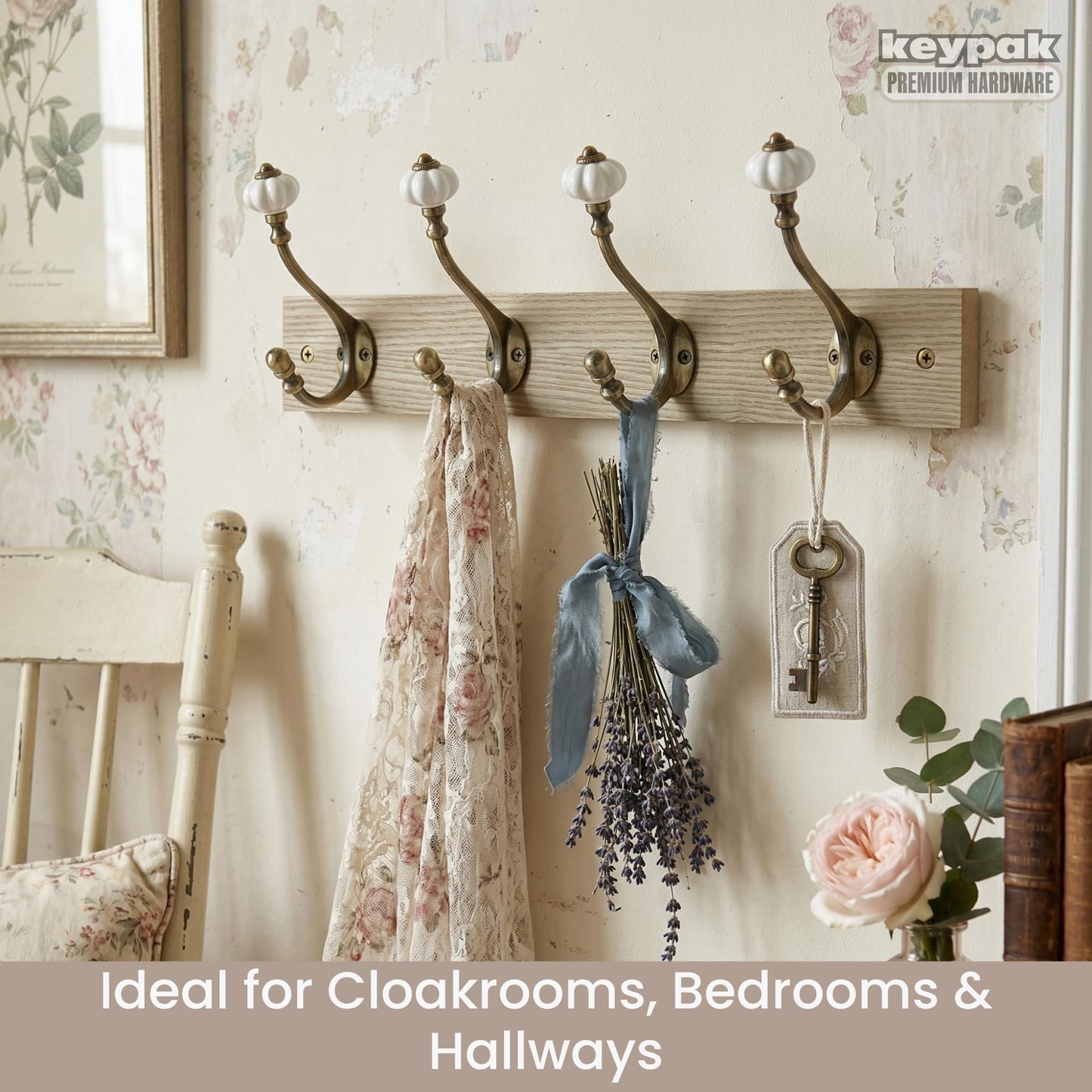 keypak Victorian Wall-Mounted Coat 4 Brass Hook 46 cm Wood Rail