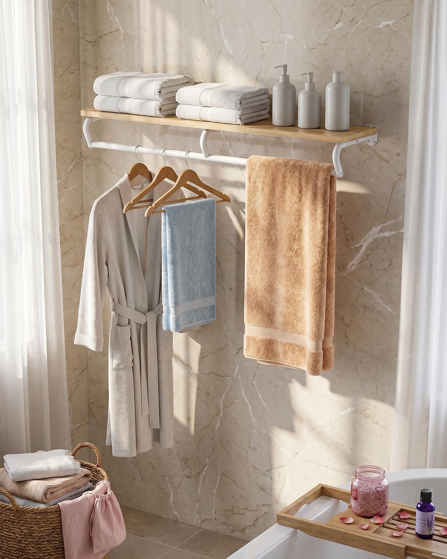 CHOEZON Wall Mounted Clothes Rack, Metal Garment Rack with Top Shelf, 110 cm Laundry Storage Shelf with Hanging Rod, for Laundry Room, Bedroom