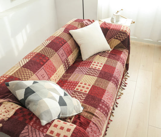 VANJOROY Bohemian Large Patchwork Sofa Bed Throw Blanket with Tassels For 2 3 Seater Settees,100% Chenille Soft Multi-function Throw for Couch