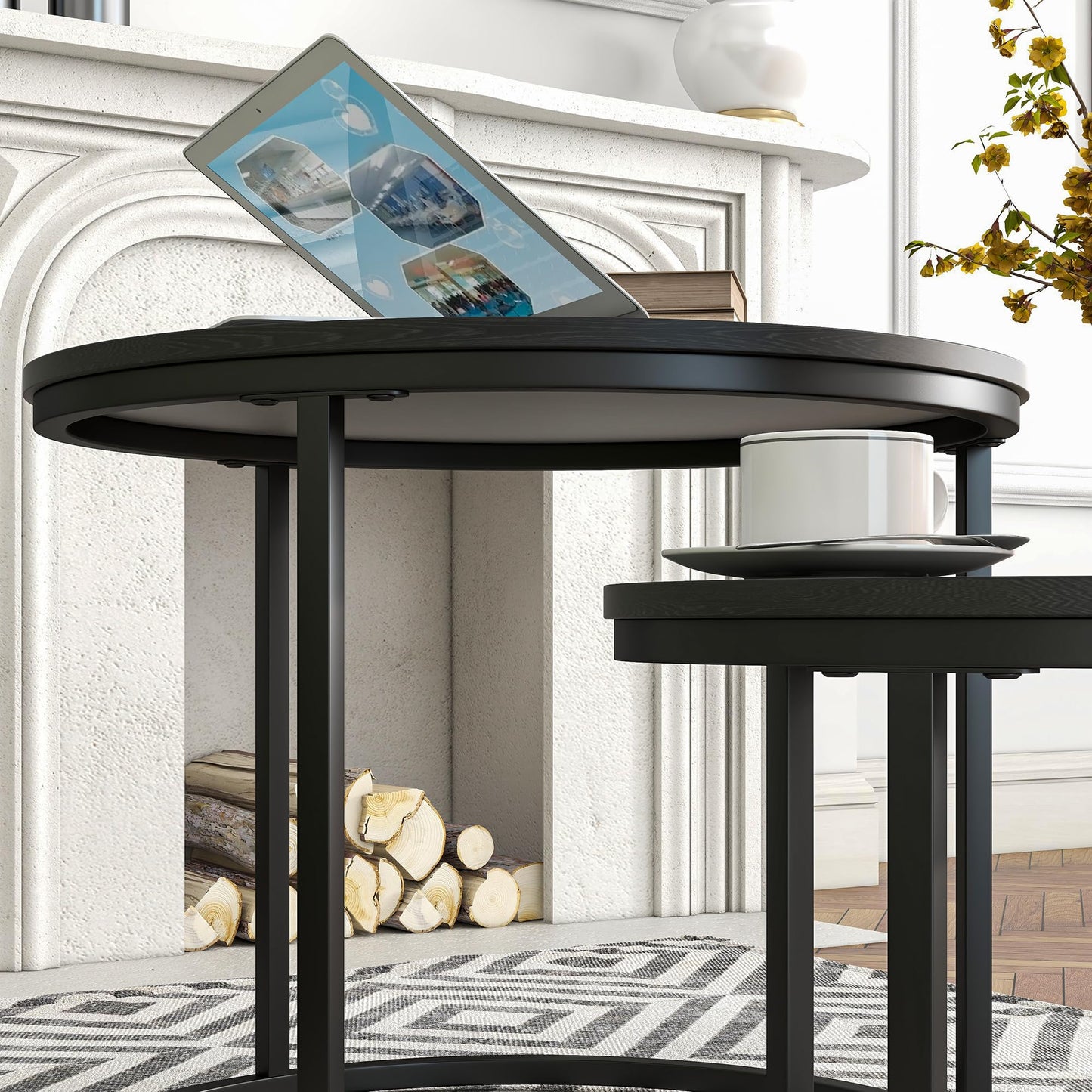 HOJINLINERO Small Round Nesting Coffee Table Set of 2 with Metal Frame and Wood Top, Modern Stacking Side Table for Living Room, Bedroom, Office