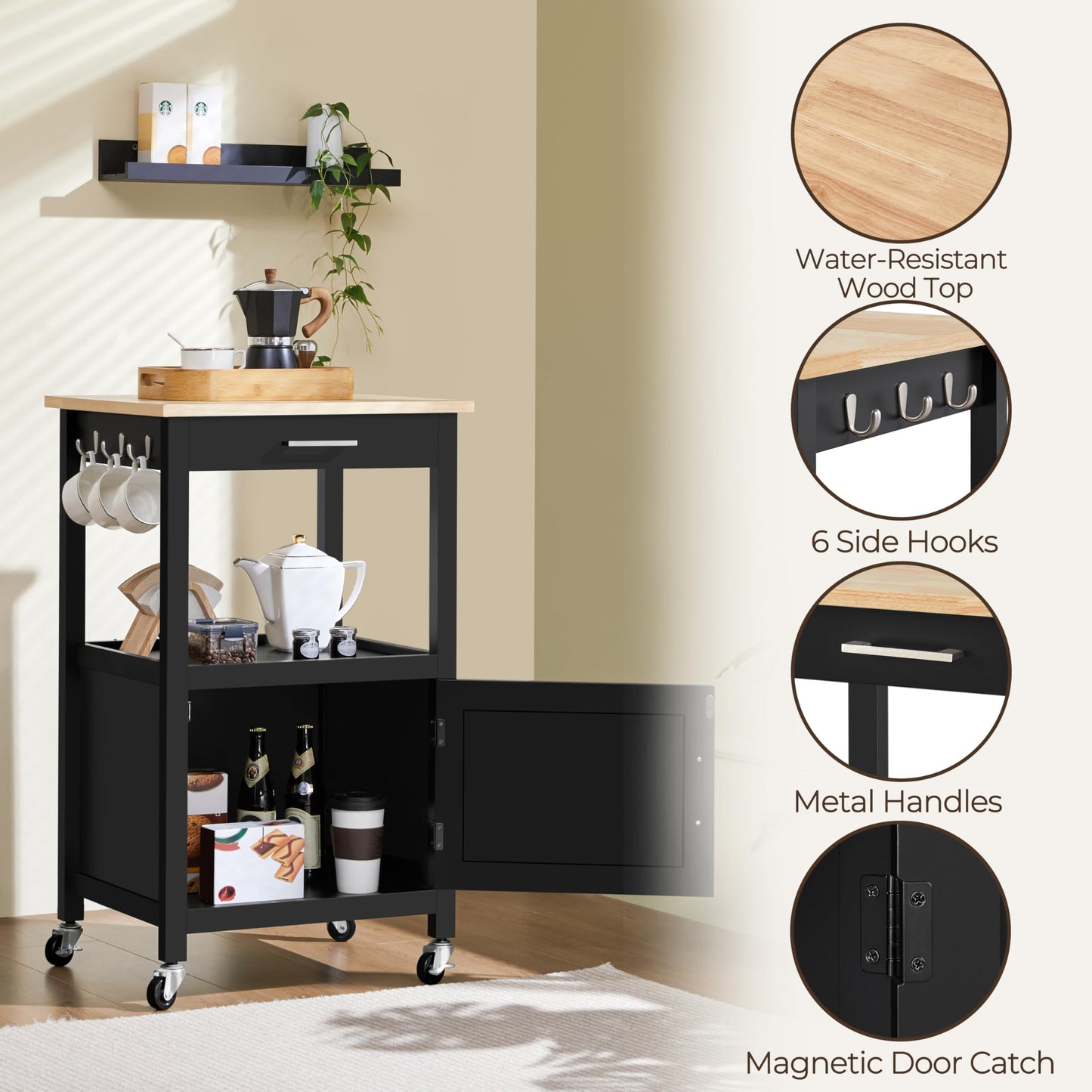 Yaheetech Rolling Kitchen Storage Trolley Cart with Cabinet, Drawer Black
