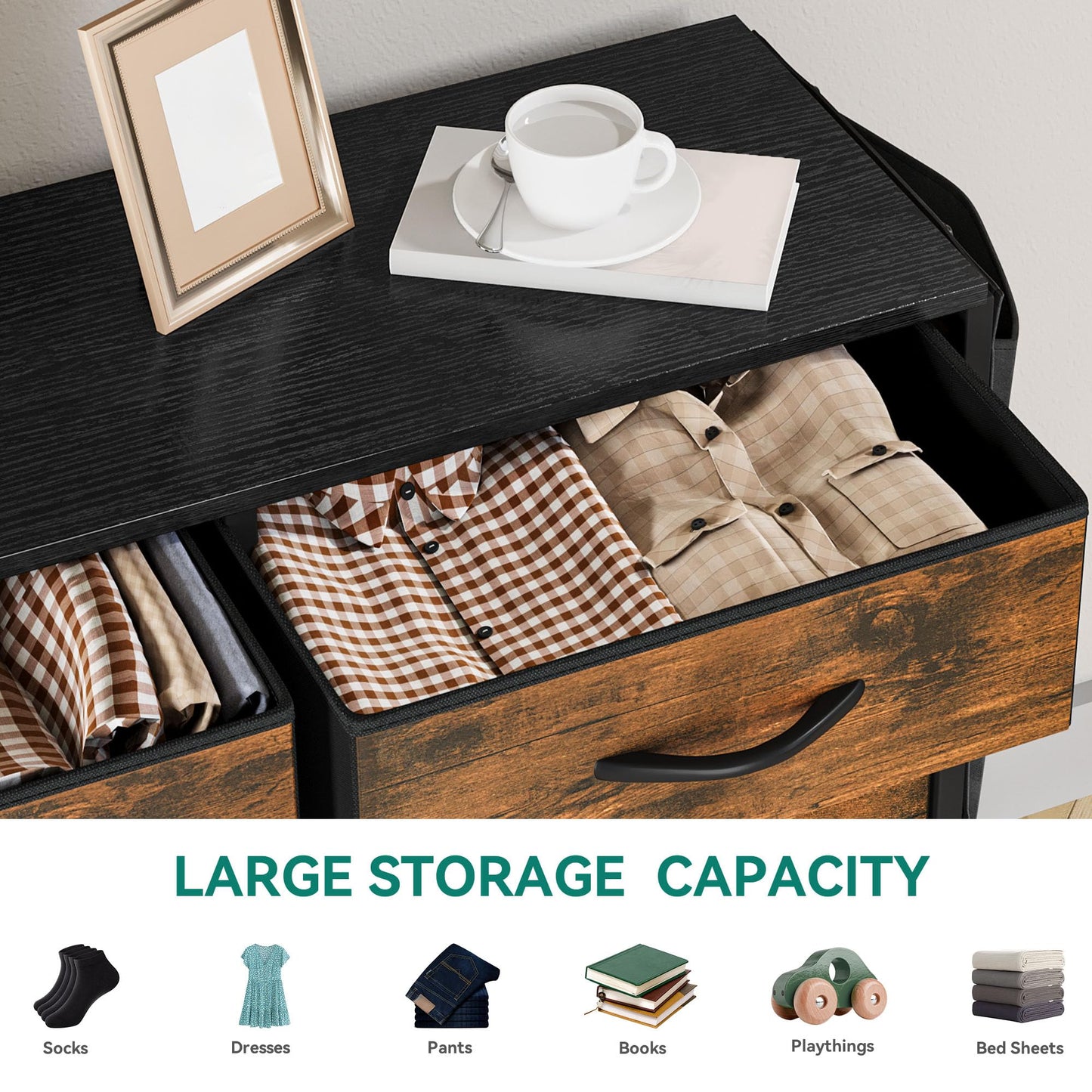 YITAHOME Chest of Drawers with 8 Drawers, Fabric Drawers Cabinet with Side Pocket&Hooks,Easy Pull Handle,Sturdy Steel Frame,Storage Drawers for