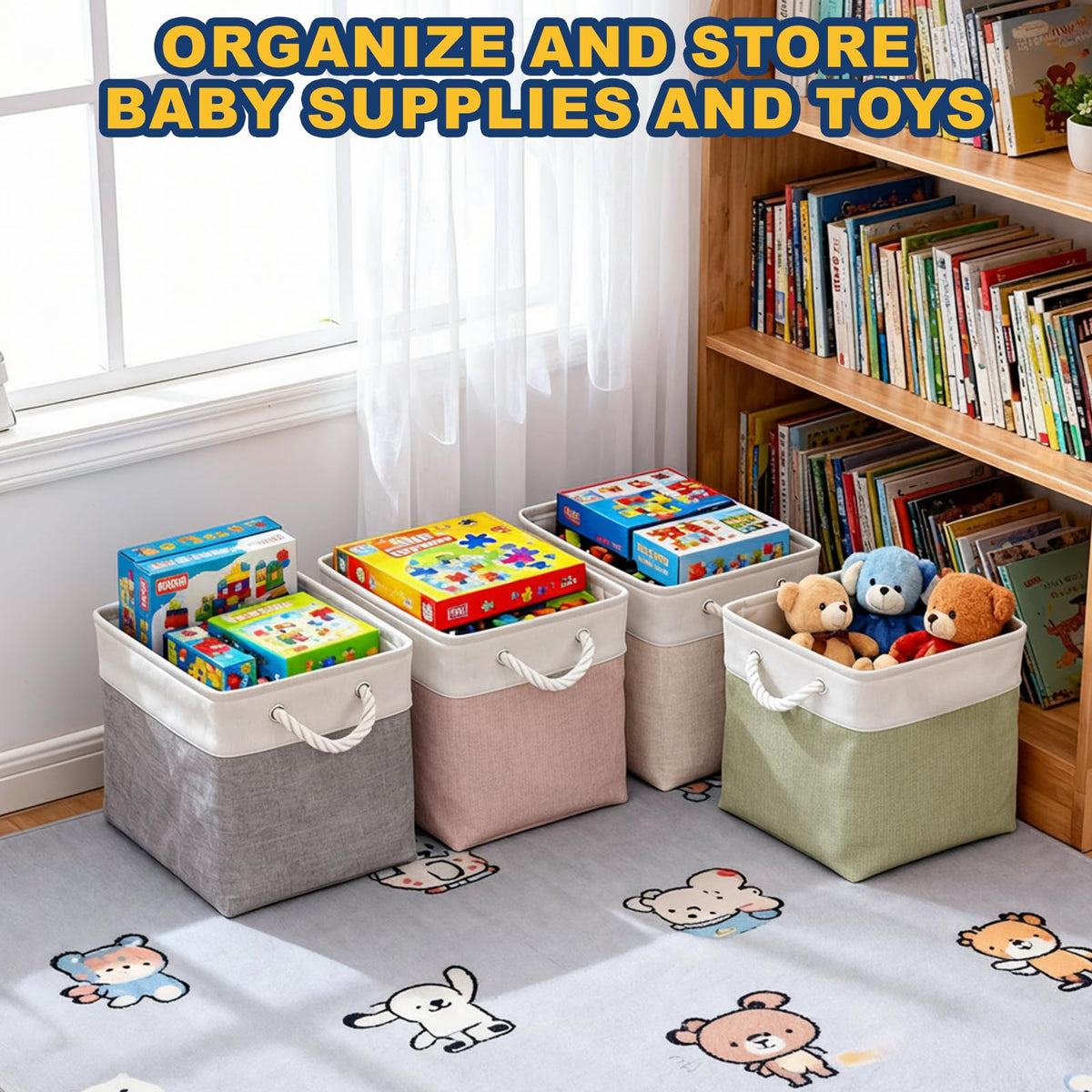 Fabric Storage Box 4-Pack, Foldable Storage Baskets for Organizing Toys, Books, Shelves, Closet, Large Storage Box with Rope Handles