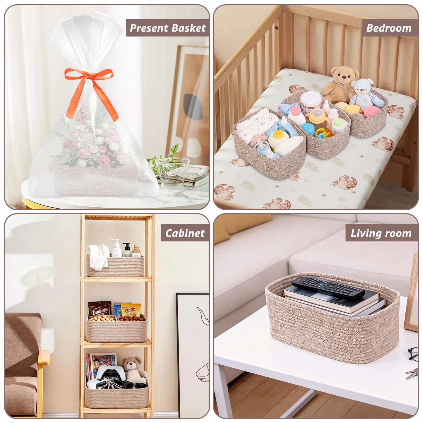 Set of 3 Storage Baskets for Shelves & Nursery, Cotton Rope Woven Basket with Hidden Handle, Empty Baby Gift Baskets