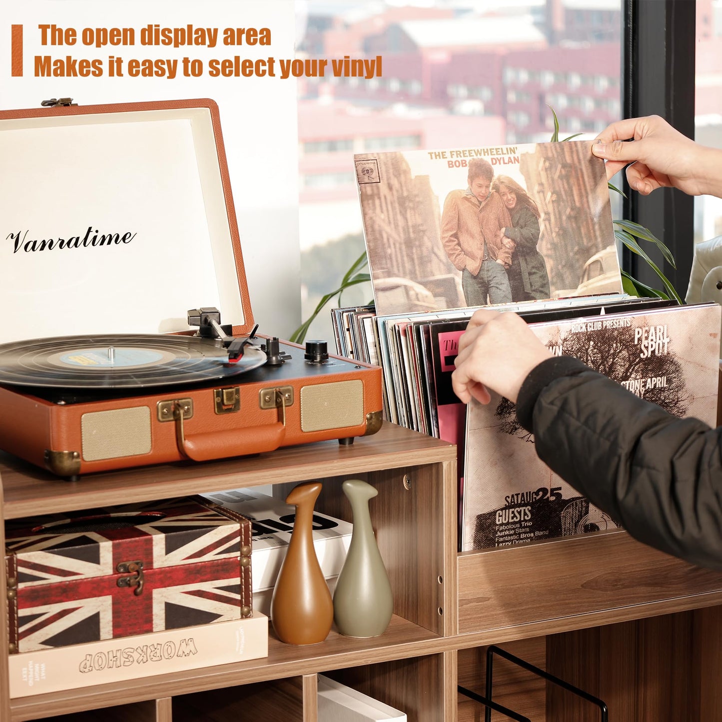 UODERS Record Player Stand, Large Record Player Table Cabinet with Open Vinyl Storage and Display Shelf Holds up to 350 Albums