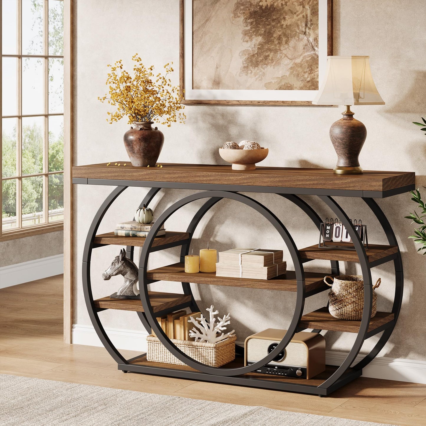 Tribesigns Circle Base Console Table | Narrow Entryway Table 120x30x80cm | 4-Tier Storage Shelf | Industrial Farmhouse Hallway Sofa Table,Rustic
