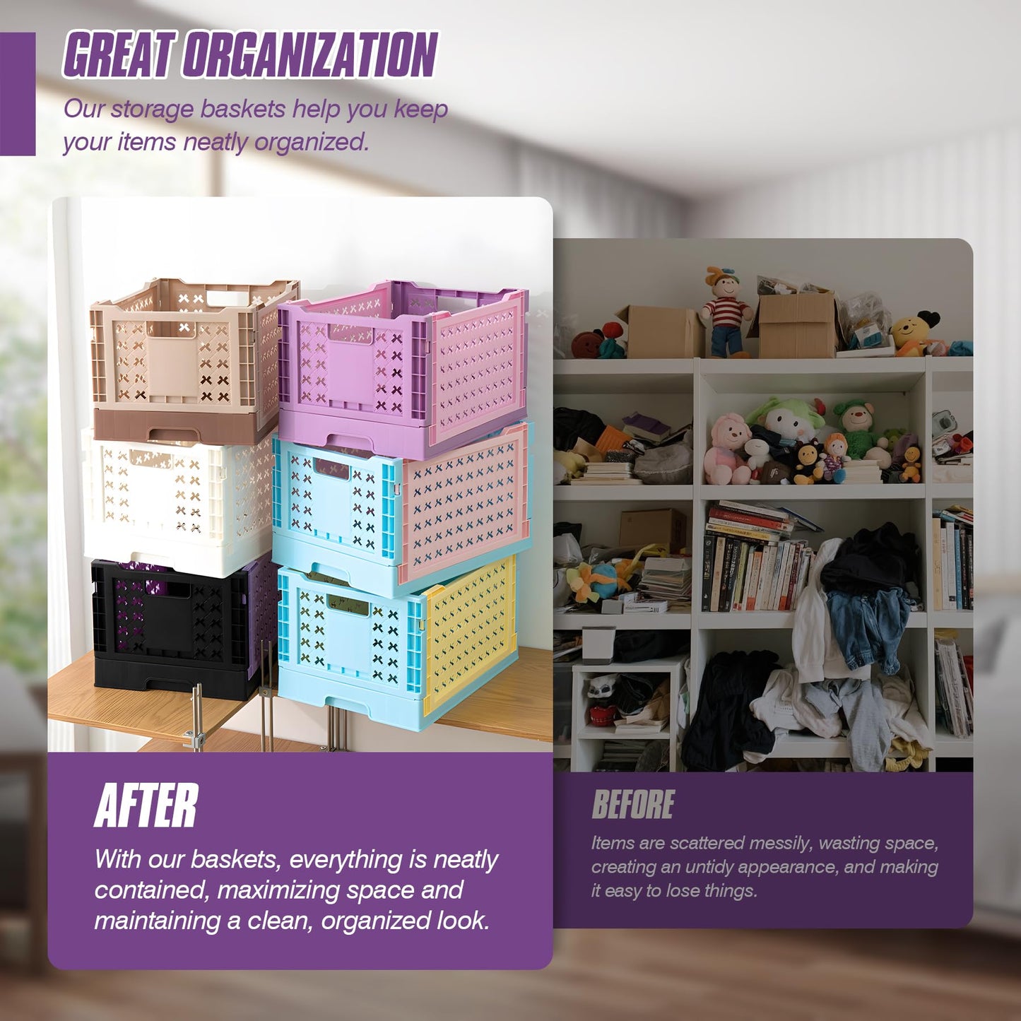 Spesh 2 Pcs Collapsible Crates Storage Boxes Plastic Foldable Crates Stackable Folding Storage Baskets for Home Kitchen Office(White, 30x22x18cm)