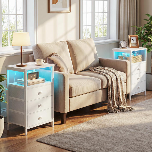 LOAKEKEL Bedside Table with Charging Station, Side Table with 3 Drawers
