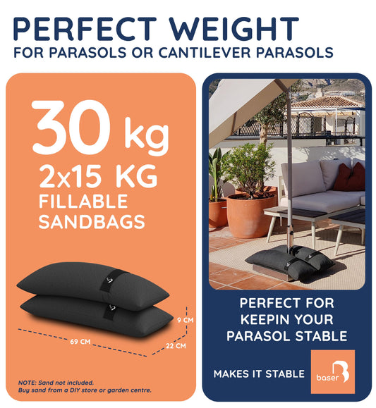 BASER - Outdoor fillable straight sandbags, 2 x 15 KG fillable weight bags for parasols, cantilevers and garden accessories