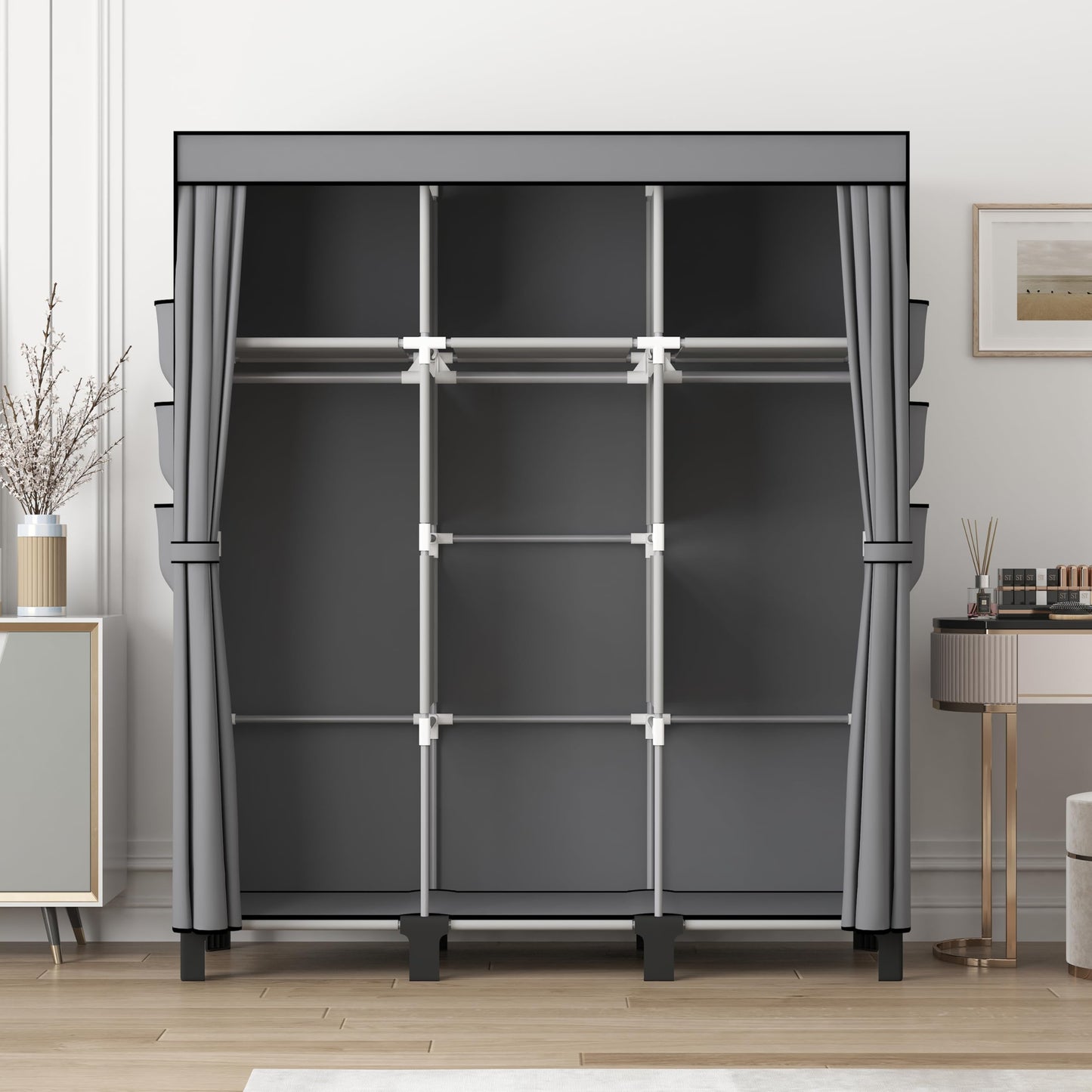 dongliangqinying Portable Fabric Wardrobe, 130x45x170cm Foldable Closet with 3 Hanging Areas and 18 Side Pockets