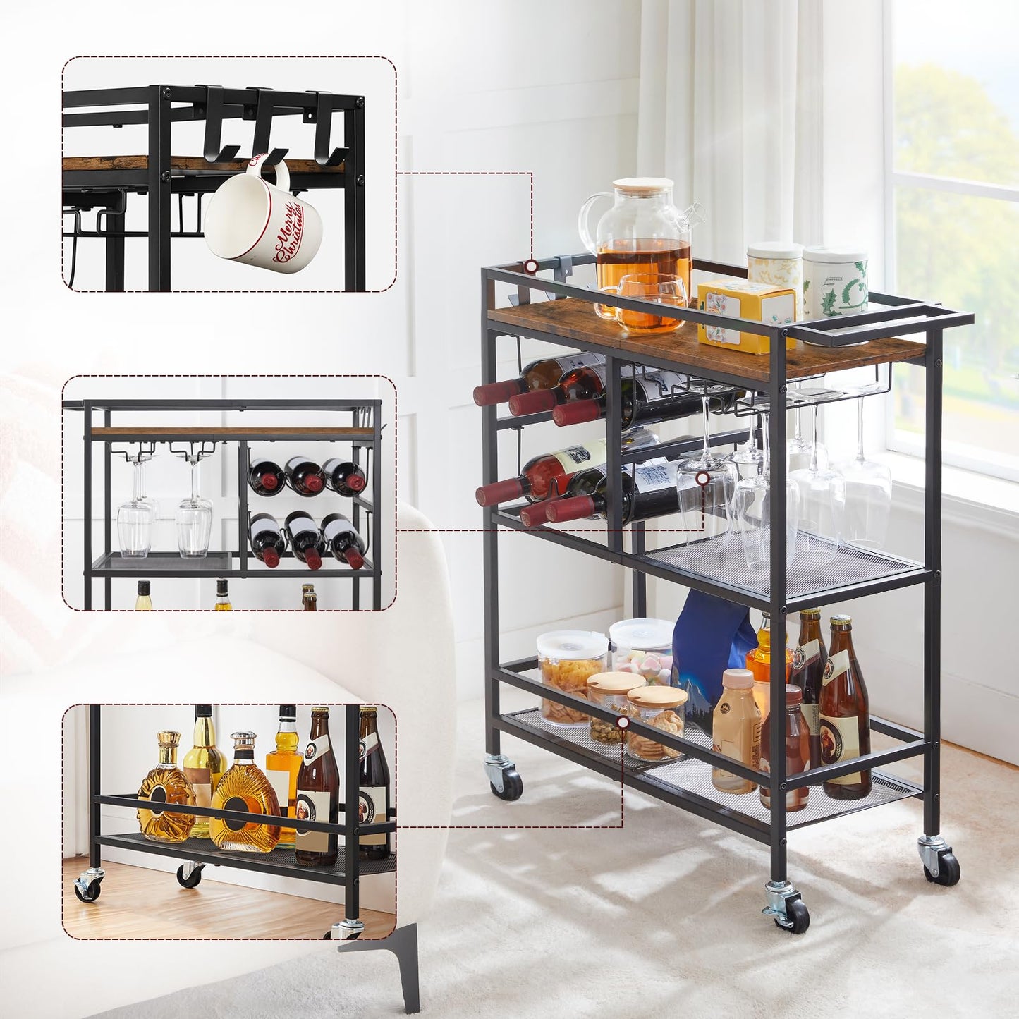 MAHANCRIS 3-Tier Drinks Trolley, Bar Cart for Home, Serving Trolley