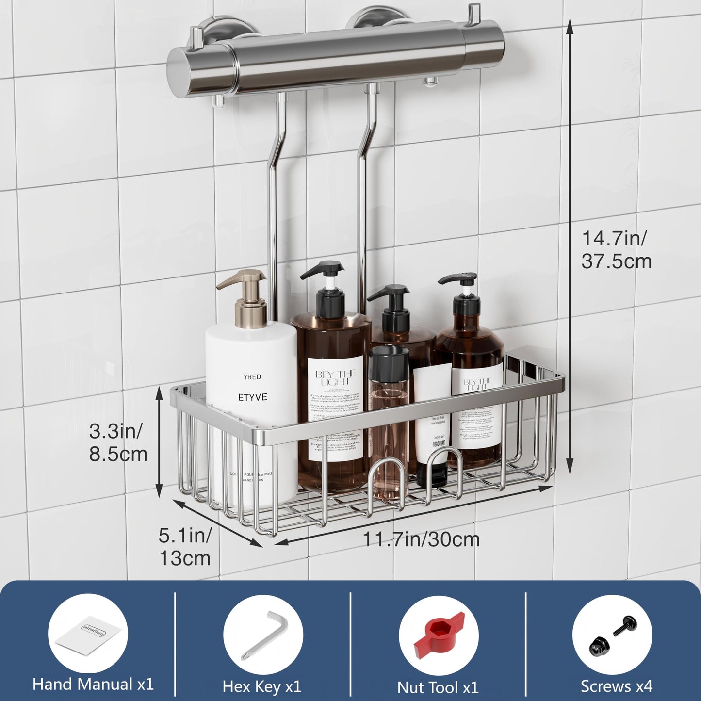 Shower Caddy Hanging SUS304 Stainless Steel No-Drilling Organiser Storage