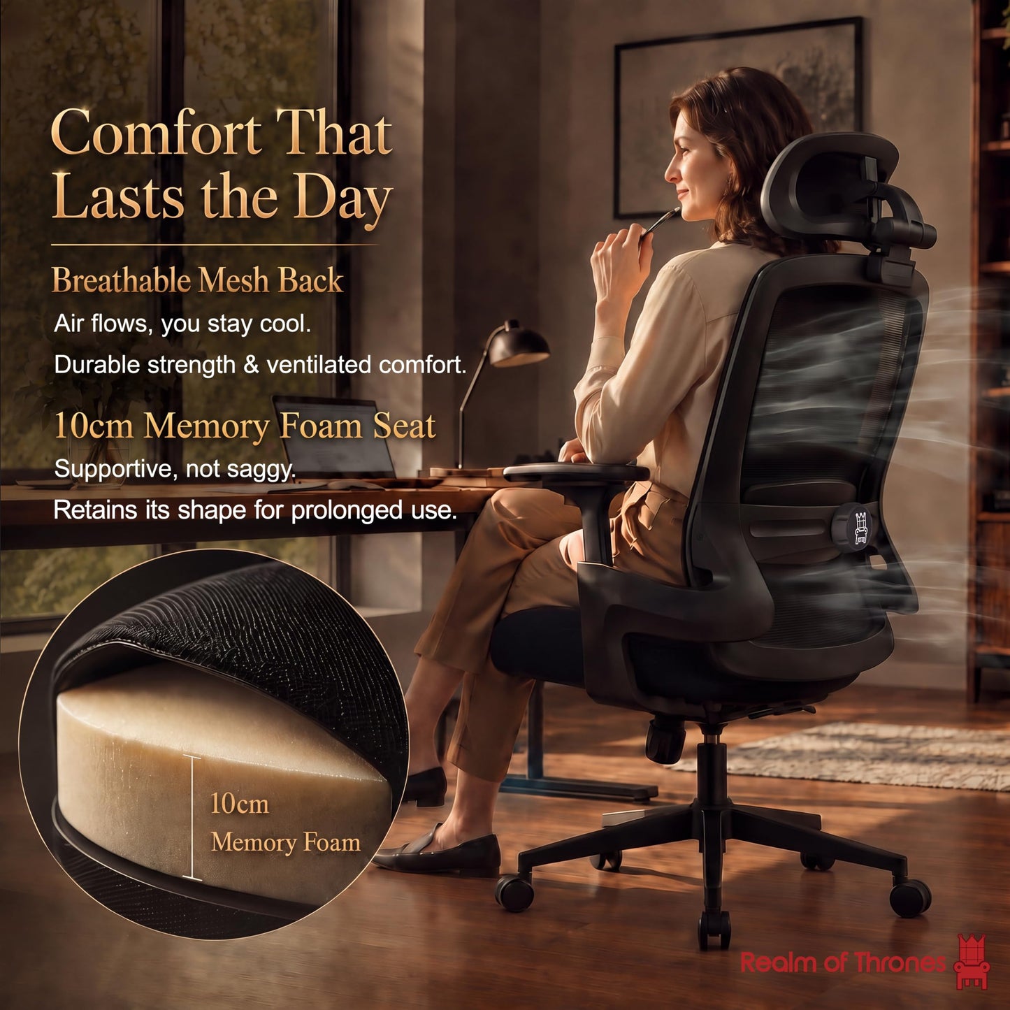 Realm of Thrones Ergonomic Office Chair, 3D Armrests and 2D Lumbar Support