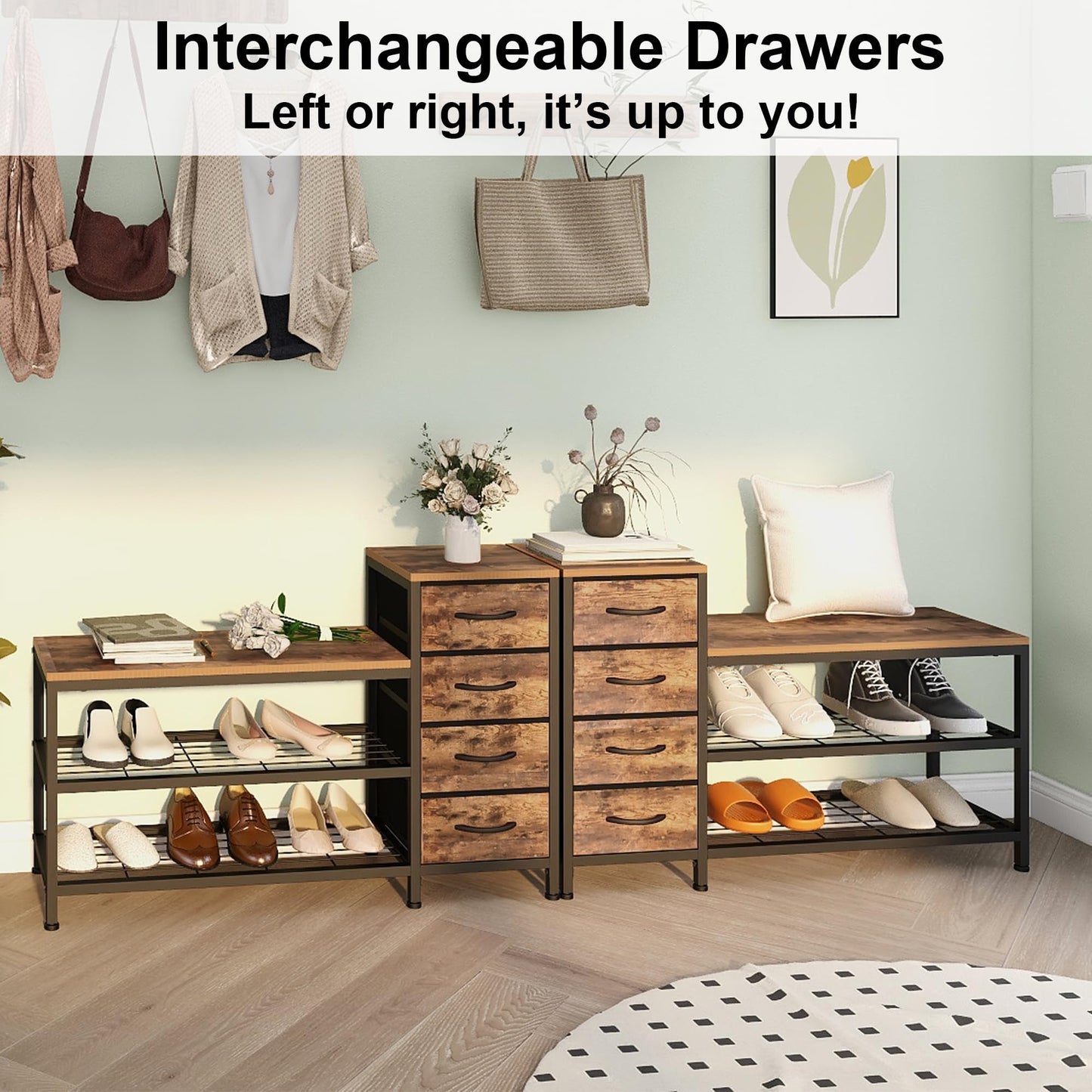 Welfuturer 3-Tier Shoe Storage Bench with 4 Fabric Drawers and Seat, Industrial Shoe Rack Cabinet with Shoe Shelf Storage for Hallway, Entryway