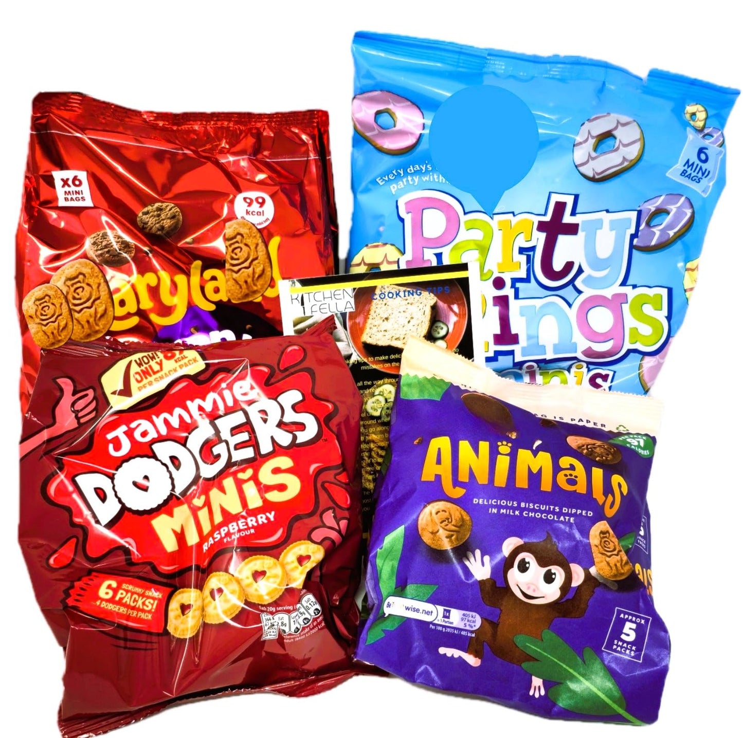 Mini Biscuits Selection Pack with Mini Party Rings, Jammie Dodgers Minis, Double Choc Cookie Minis, Animal Freddo and Kitchenfella 'Cooking Tips'