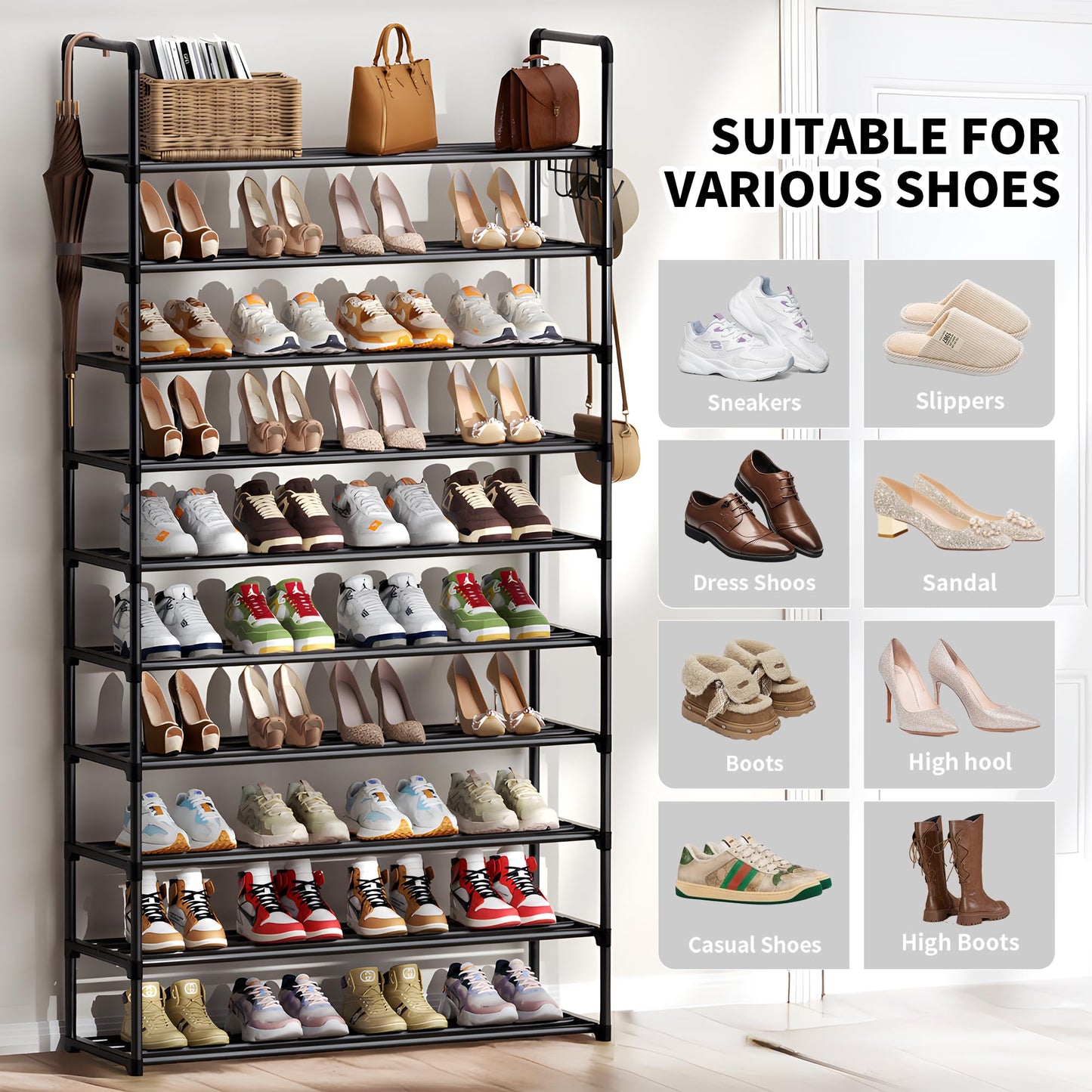 SPUSEN Metal Shoe Rack, 10 Tier Shoe Storage Organizer with Hooks,Fit 40-45Pairs Shoes,Metal Tall Shoe Shelf for