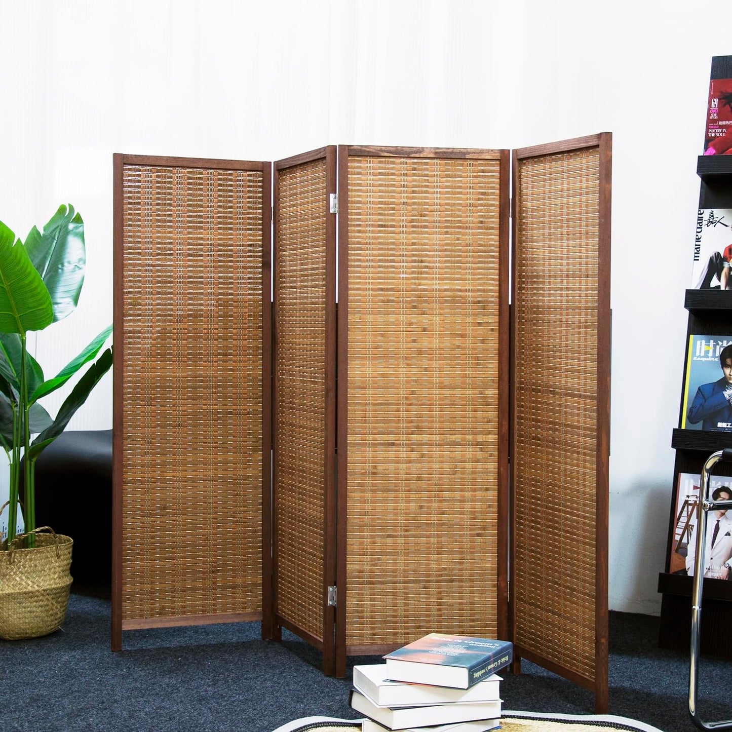 Furnnylane 4 Panel Bamboo Room Divider Short Folding Screen Divider,Double Sided Bamboo Divider Screen for Room Separation,Brown,120 cm H x 156 cm W