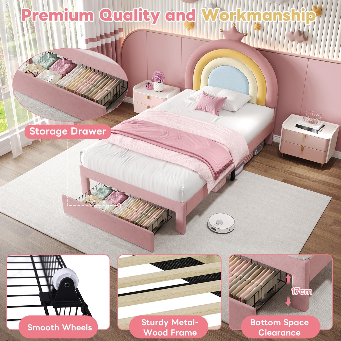 Ball & Cast 3ft Single Upholstered Bed with Adjustable Rainbow Headboard, Soft Velvet Bed Frame with Storage Drawer