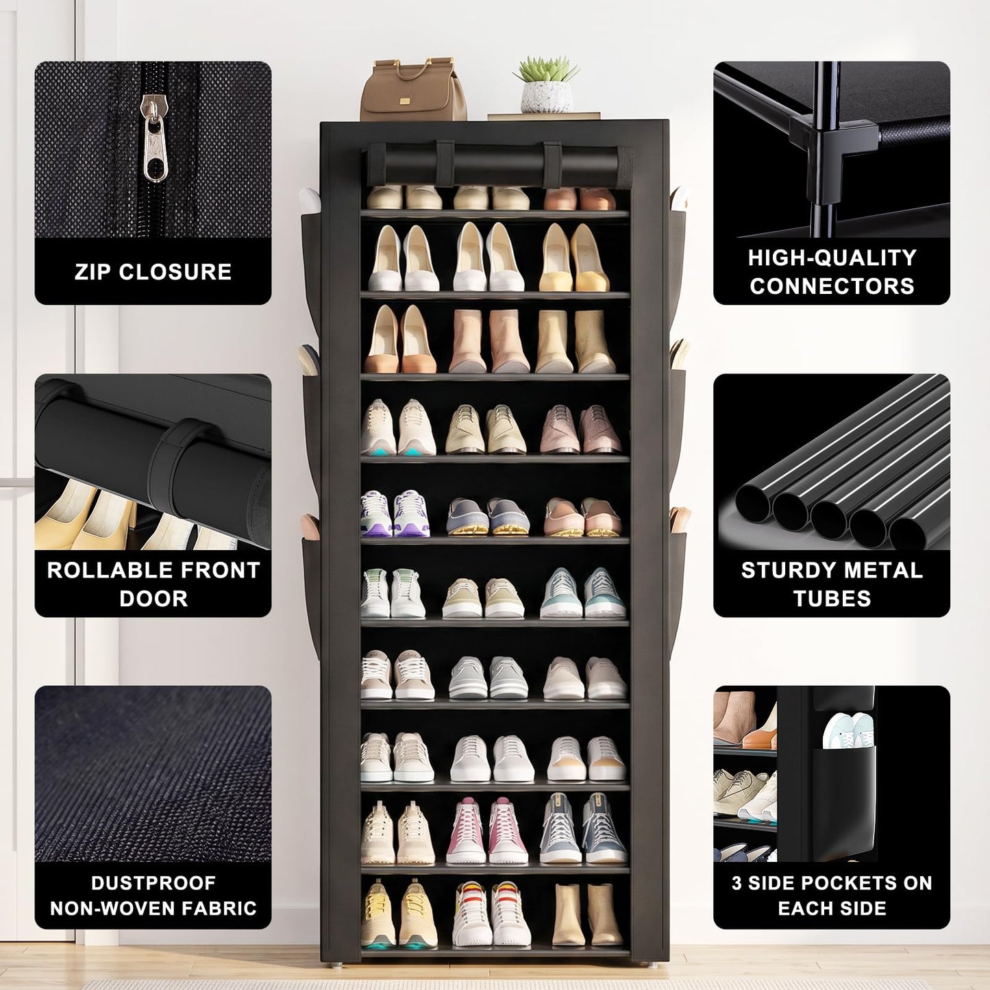 OYREL Shoe Rack with Cover, 10+1 Tier Tall 36-41 Pairs with 6 Side Pockets