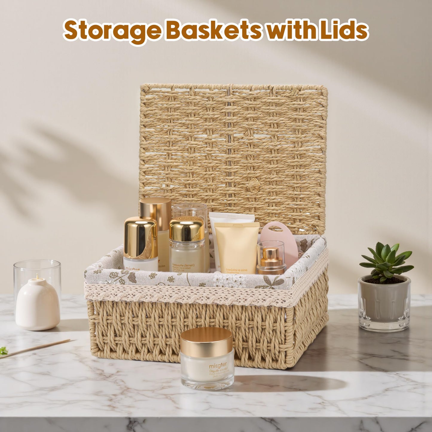 3pcs Woven Storage Baskets with Lids, Decorative Storage Boxes, Space-Saving Wicker Basket for Shelves, Paper Rope Basket Bedroom Storage Solutions