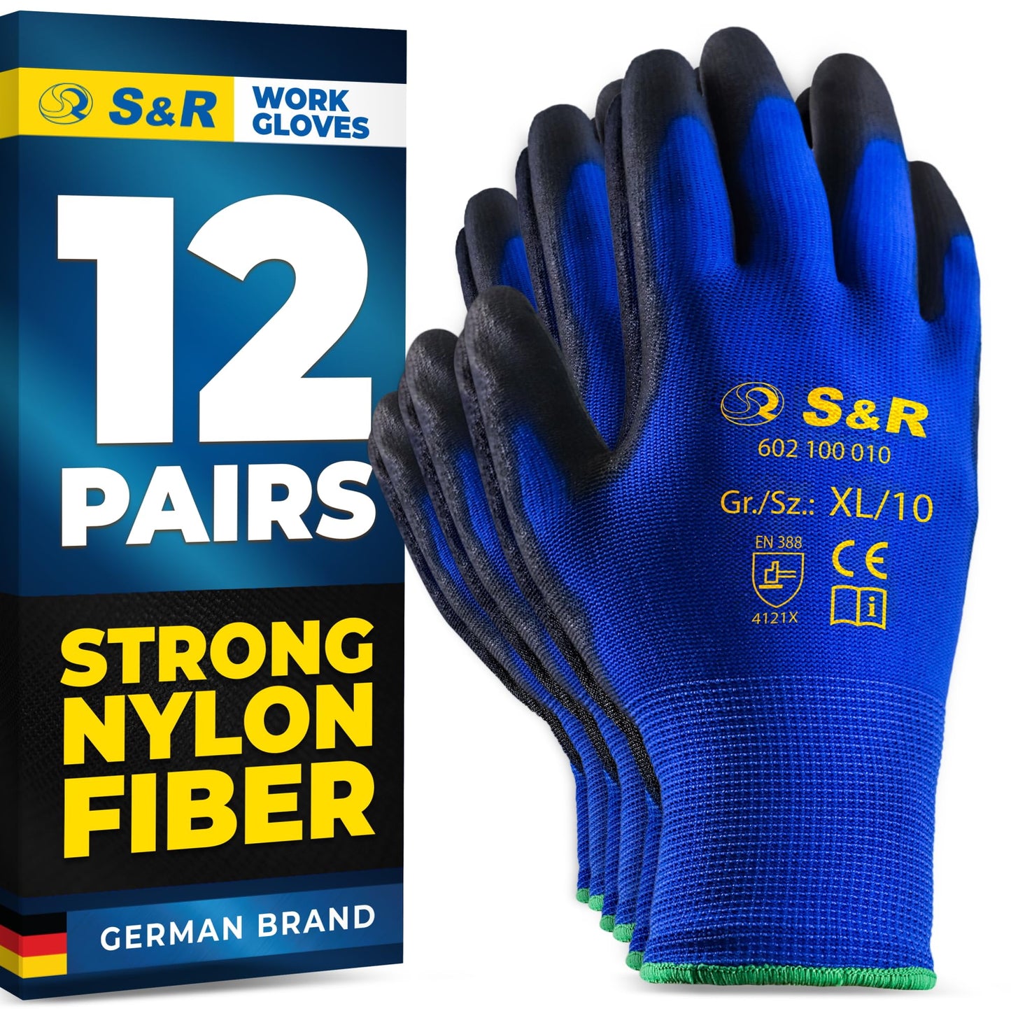 S&R Work Gloves ? 12 Pairs, Nylon with PU Coating, Size XL/10 ? Protective Gloves for Private & Commercial Use