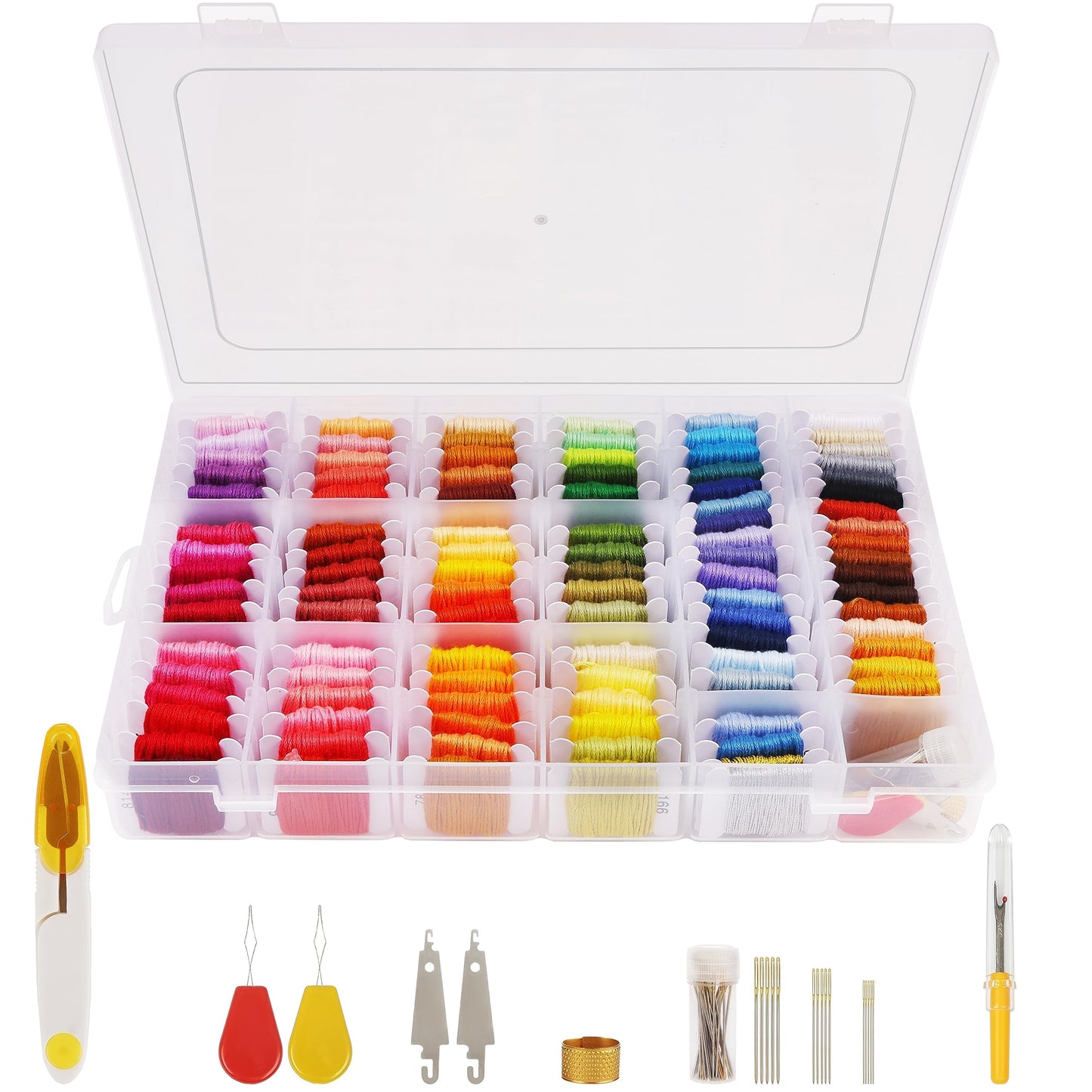 Handi Stitch 148 Piece Embroidery Floss Set - Cross Stitch Tool Kit with Transparent Plastic Storage Box - 110 Colour Skeins - Threads on Paper