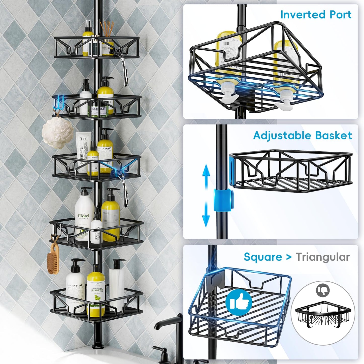 Mutool Adjustable Shower Shelf, Telescopic Shower Caddy with Hooks, No Drilling Corner Shelf with 5 Trays